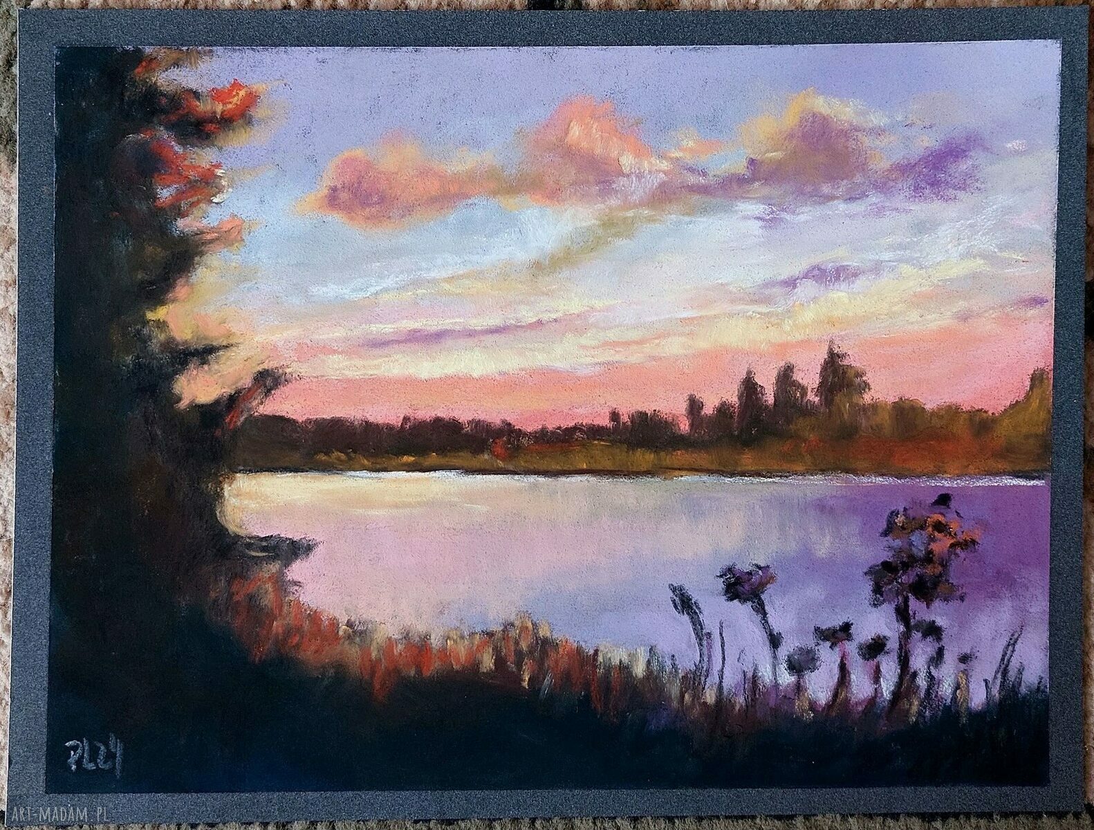 Pejzaż z pastelami suchymi 18x24 cm - fioletowy klimat
