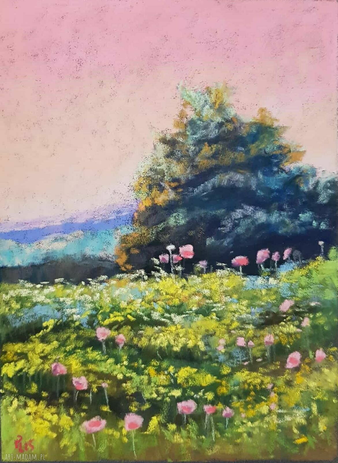 Pejzaż 24x18 cm w pastelach suchych - ręcznie rysowany rysunek