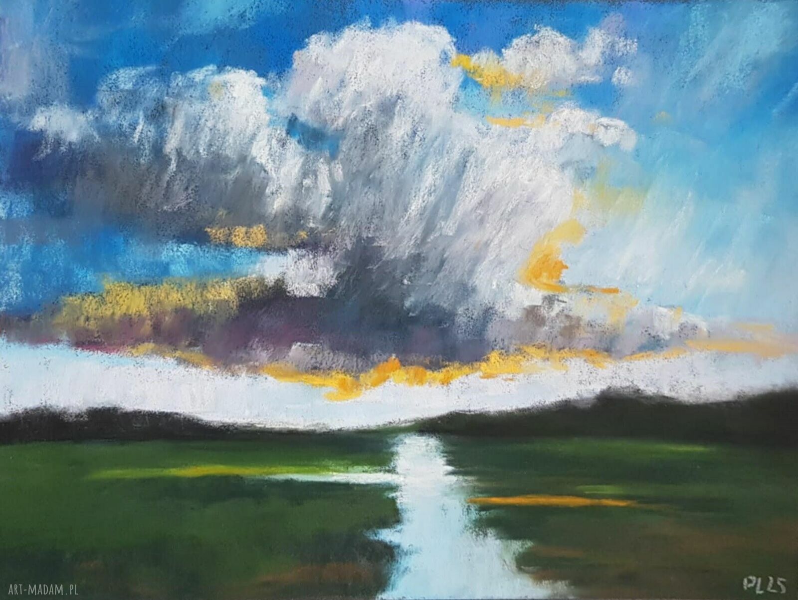 Pejzaż z niebem i chmurami w pastelach - obraz 18x24 cm