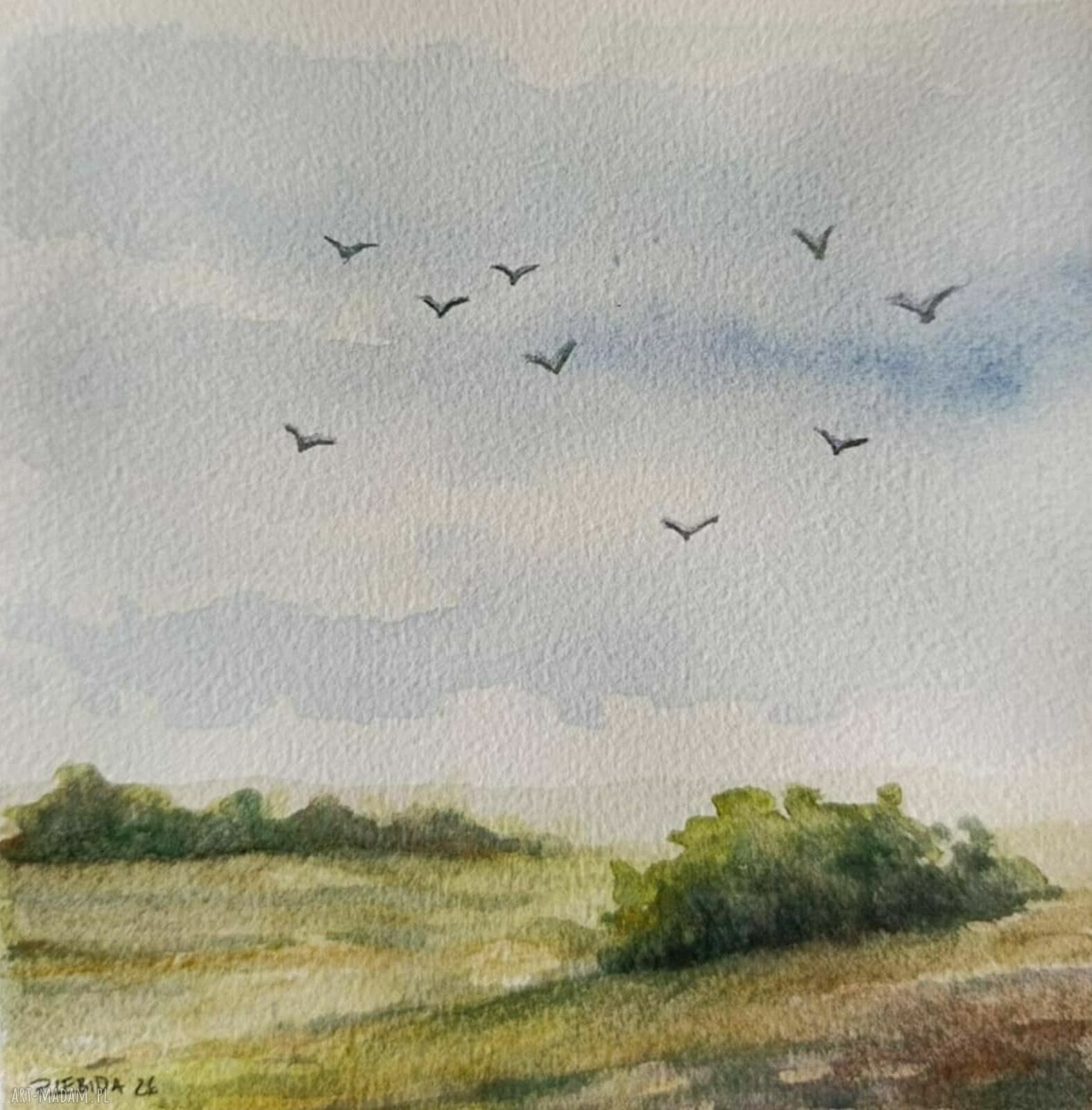 Pejzaż - oryginalna akwarela 15 x 15 cm