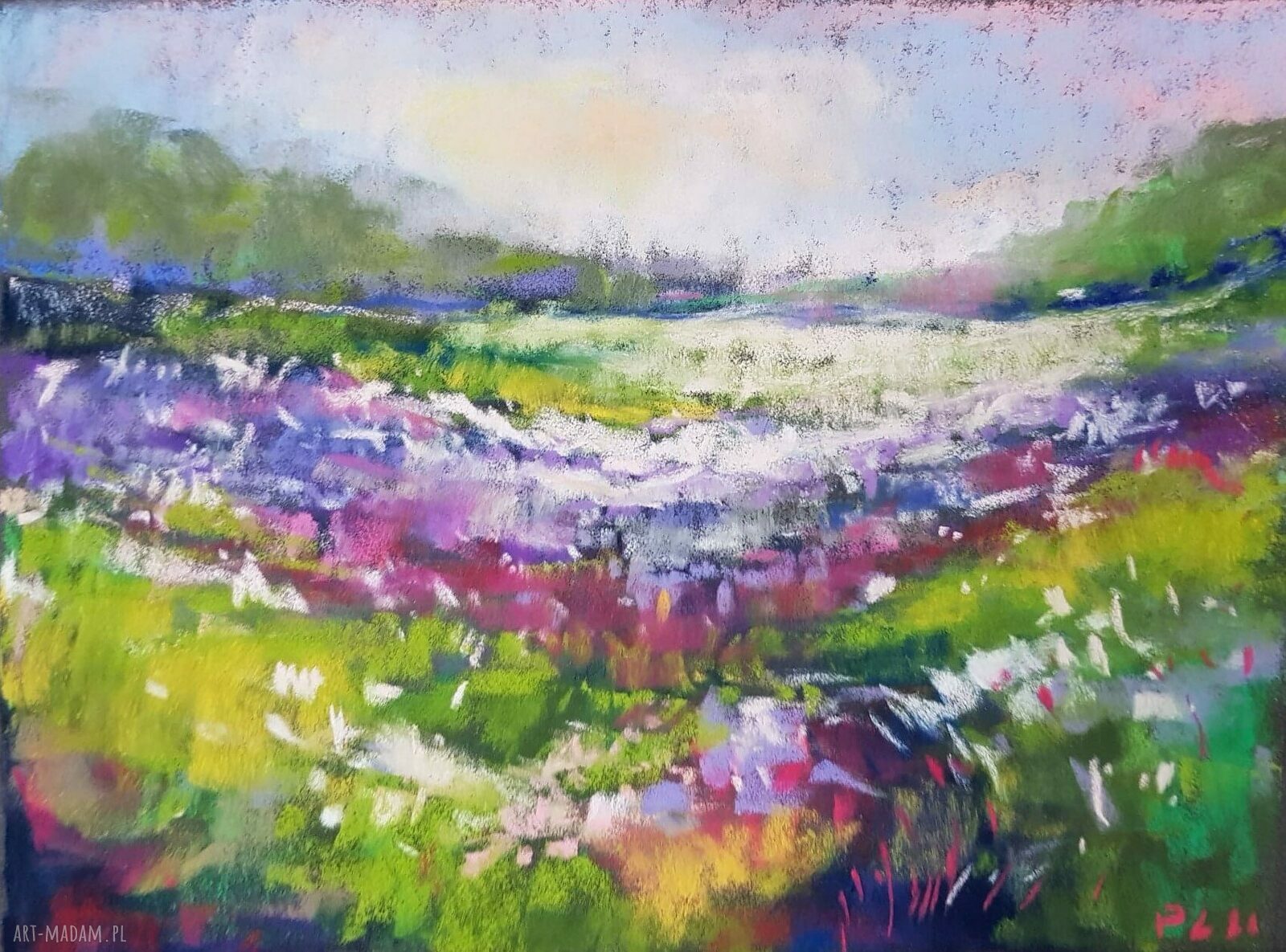 Pejzaż z łąką - obraz z pasteli 24x18 cm (ręcznie wykonany)