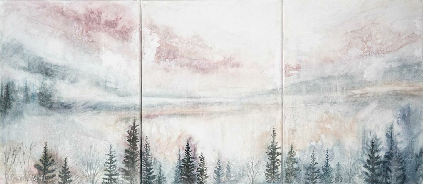 Tryptyk Pejzaż Mglisty Las - ręcznie malowany obraz na płótnie 30x40 cm