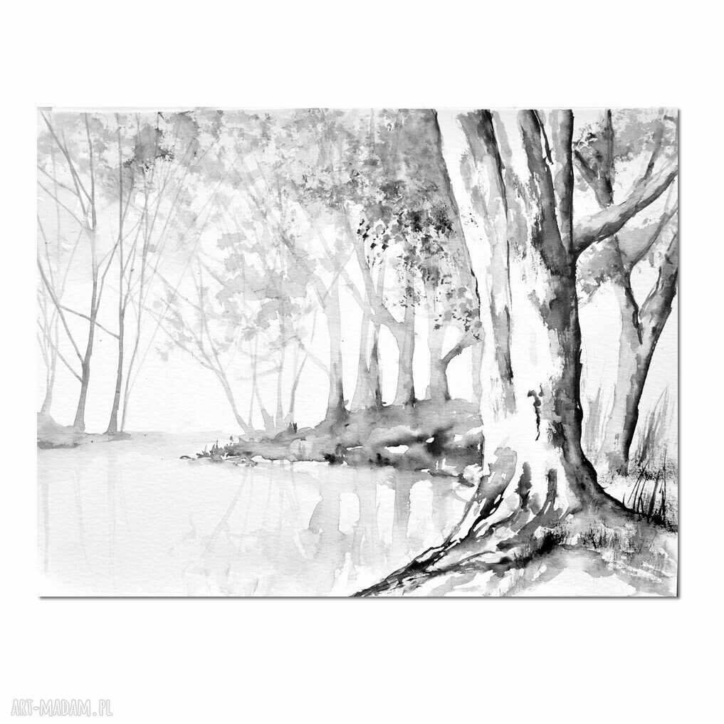 Pejzaż w czerni i bieli - akwarela z drzewami (format 30,5 x 23 cm)