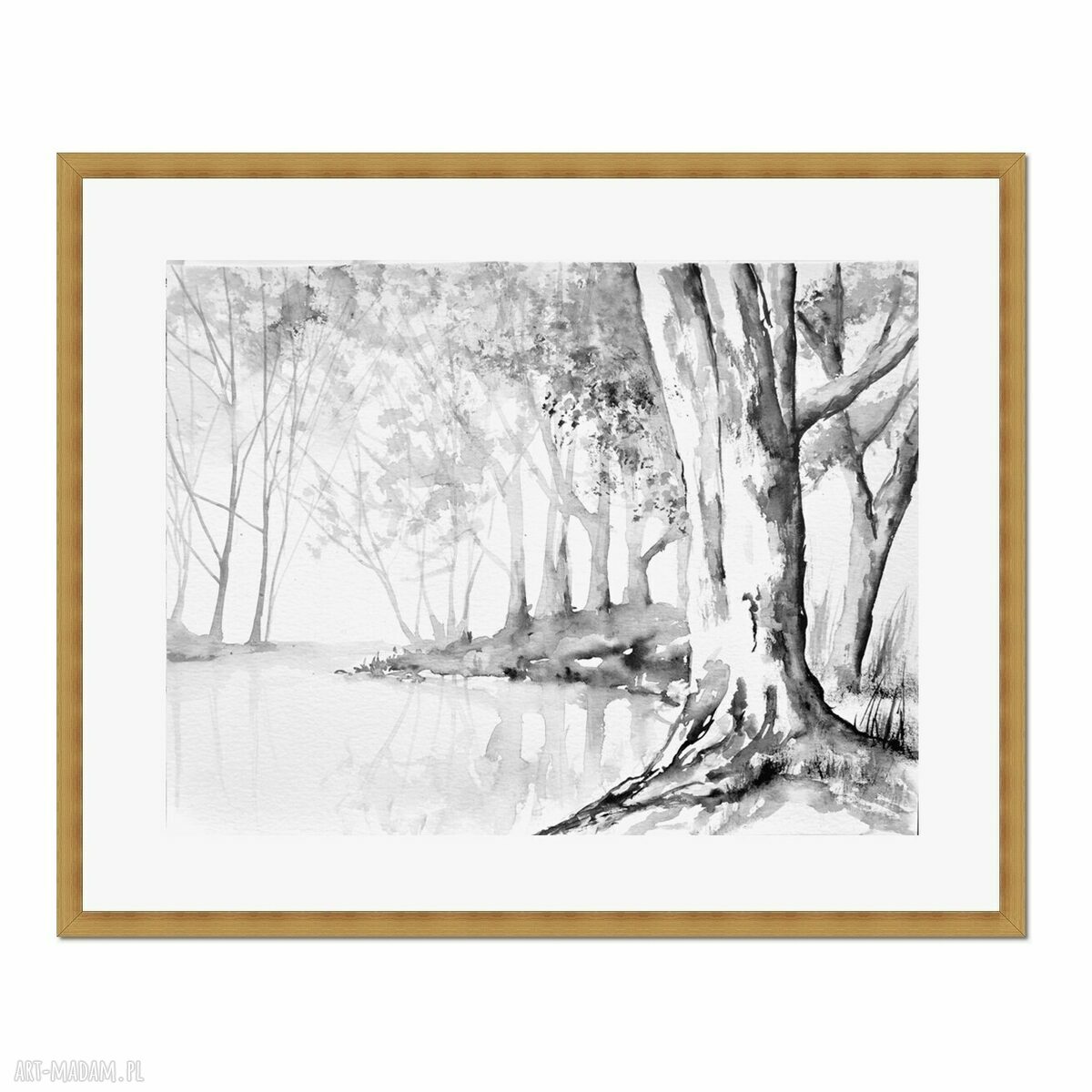 Pejzaż w czerni i bieli - akwarela z drzewami (format 30,5 x 23 cm)