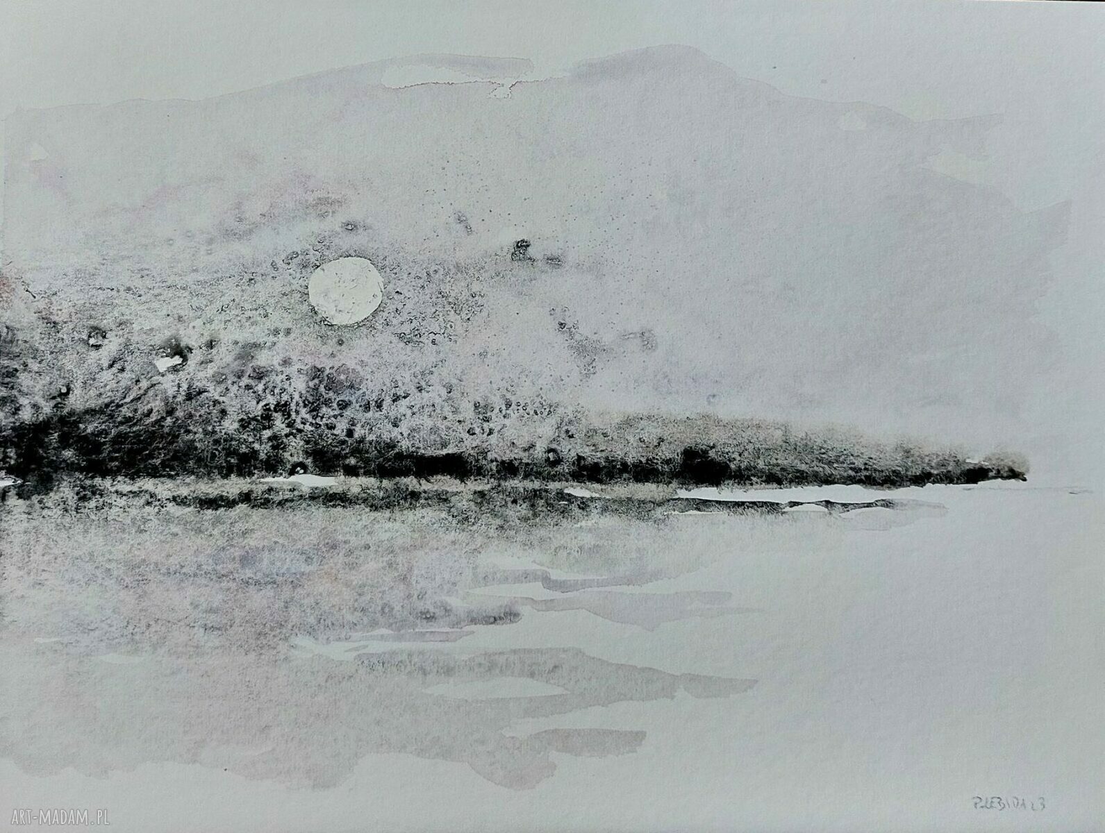 Pejzaż w szarości i fioletach - ręcznie malowana akwarela 32 x 24 cm