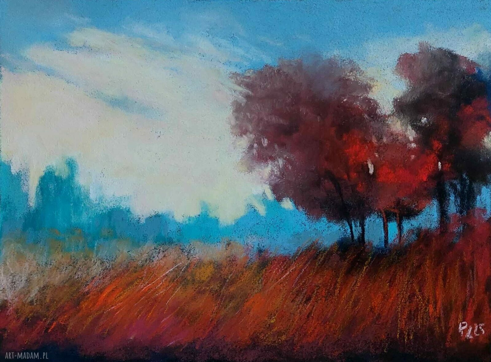 Pejzaż z drzewami - obraz z suchych pasteli 18x24 cm