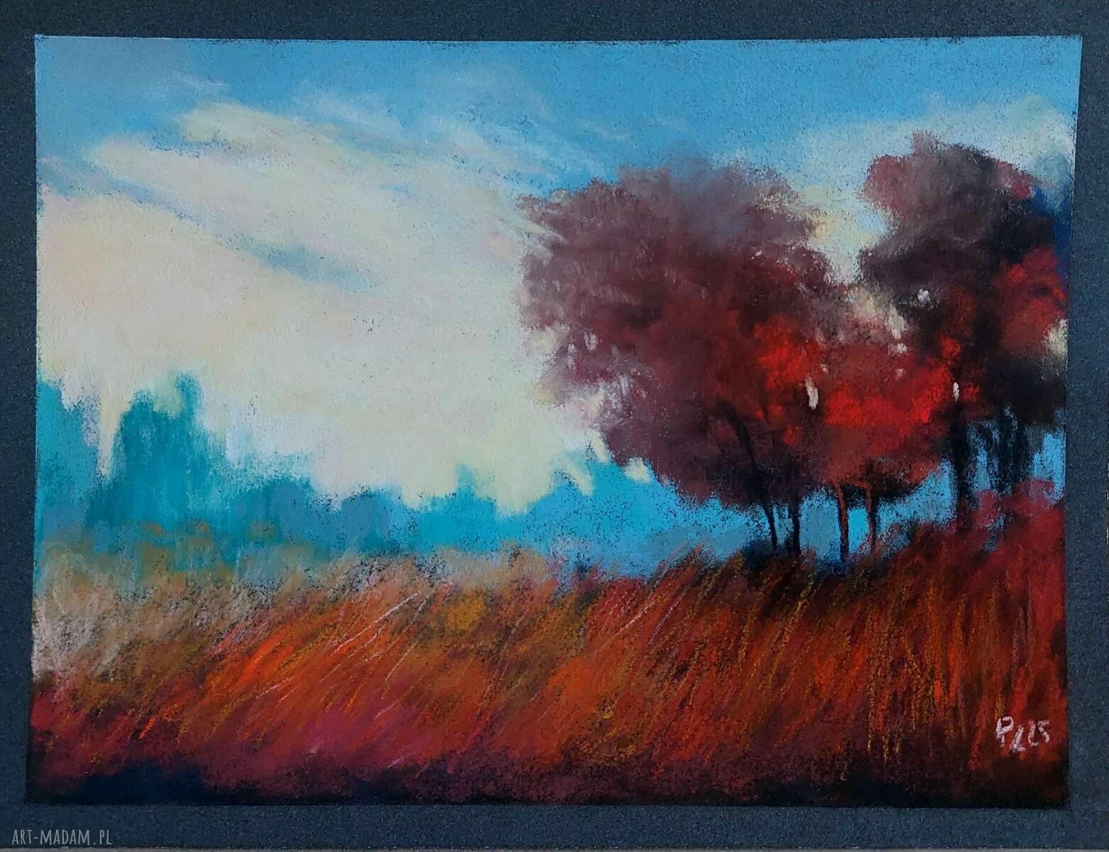 Pejzaż z drzewami - obraz z suchych pasteli 18x24 cm