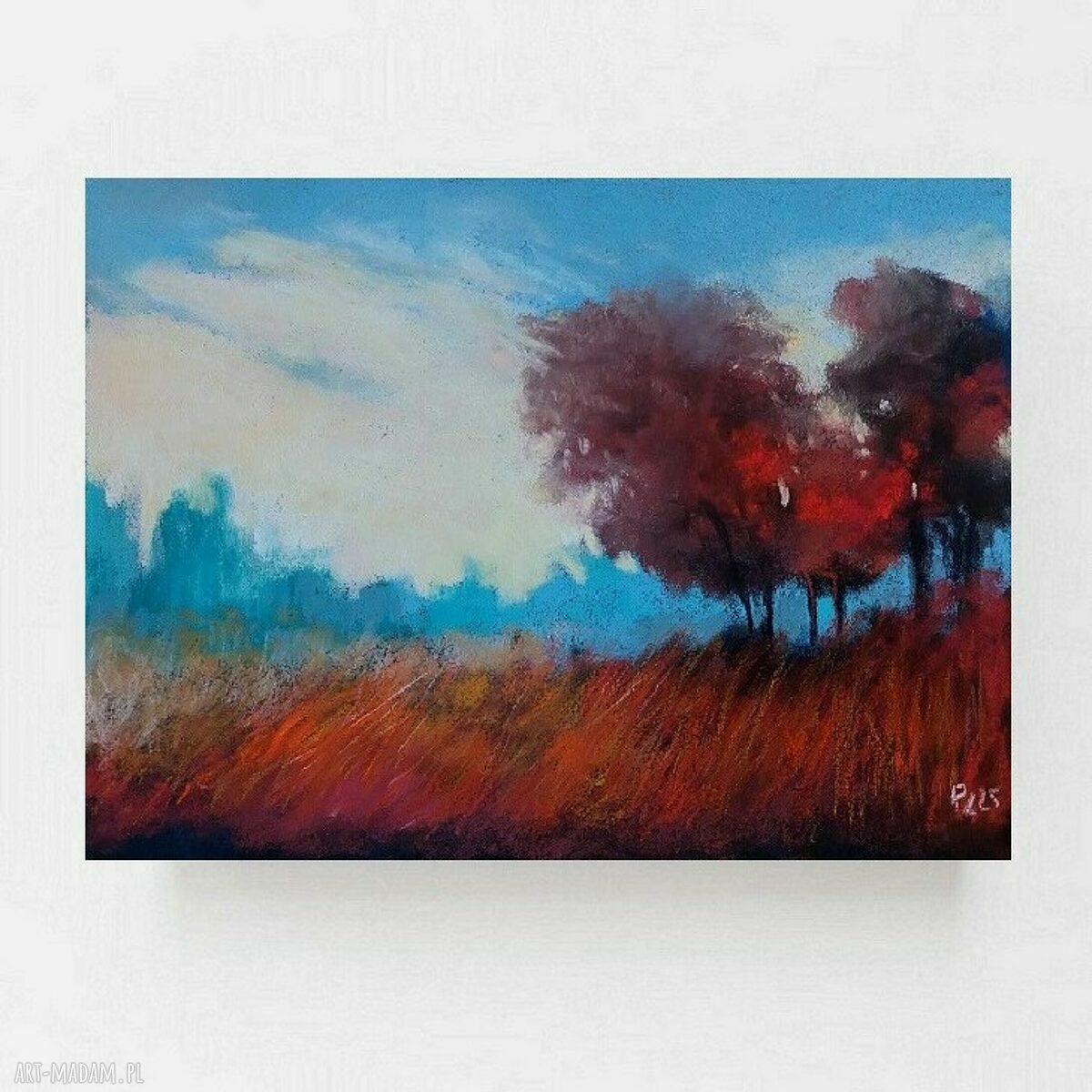 Pejzaż z drzewami - obraz z suchych pasteli 18x24 cm