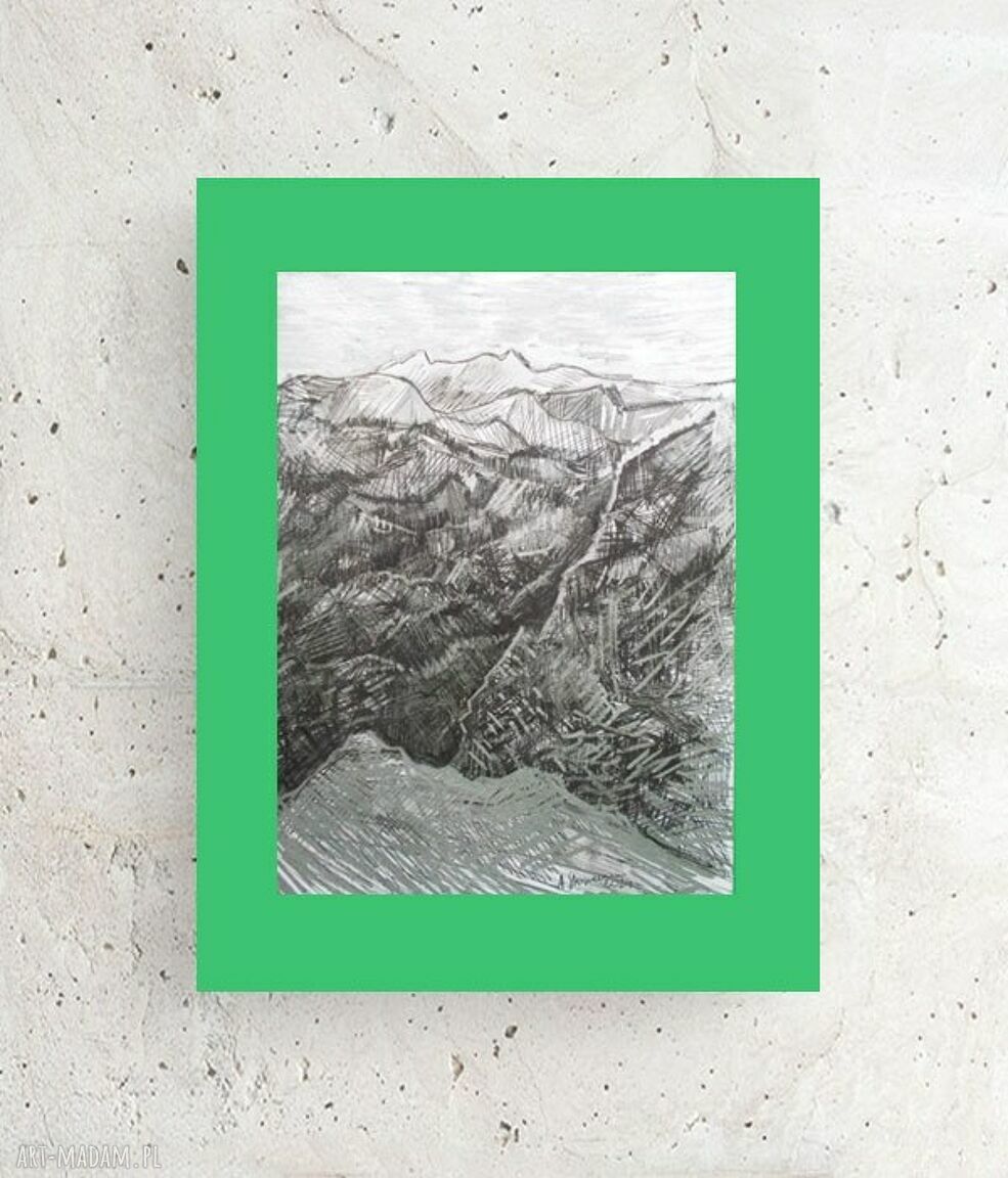 Pejzaż z górami 30x40 - minimalistyczna grafika ręcznie malowana do domu