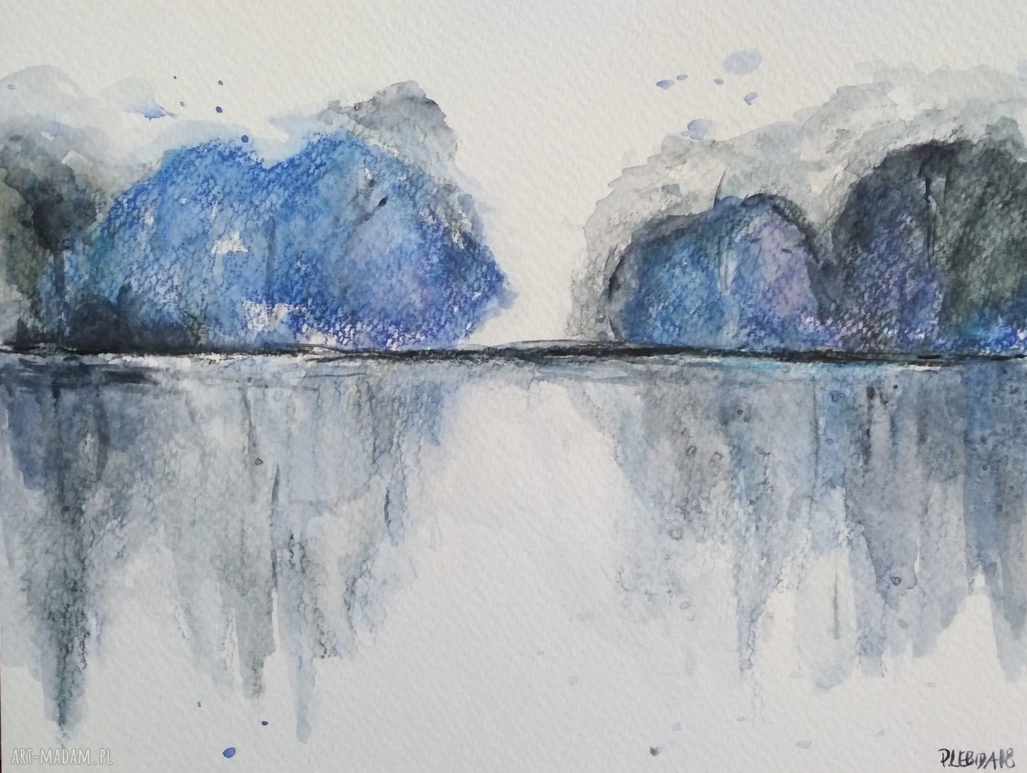 Pejzaż z niebieskimi drzewami - obraz akwarelowy 18x24 cm