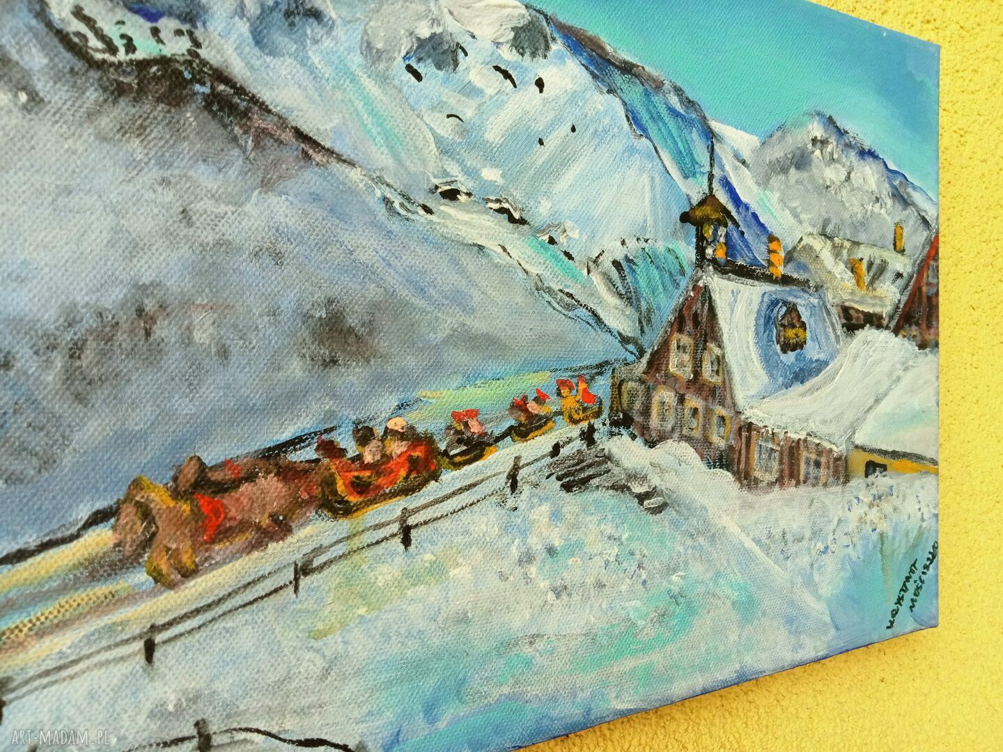 Pejzaż zimowy - ręcznie malowany obraz akrylowy na płótnie 30x40 cm