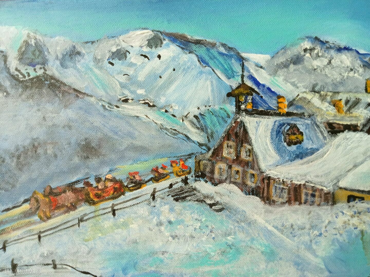 Pejzaż zimowy - ręcznie malowany obraz akrylowy na płótnie 30x40 cm