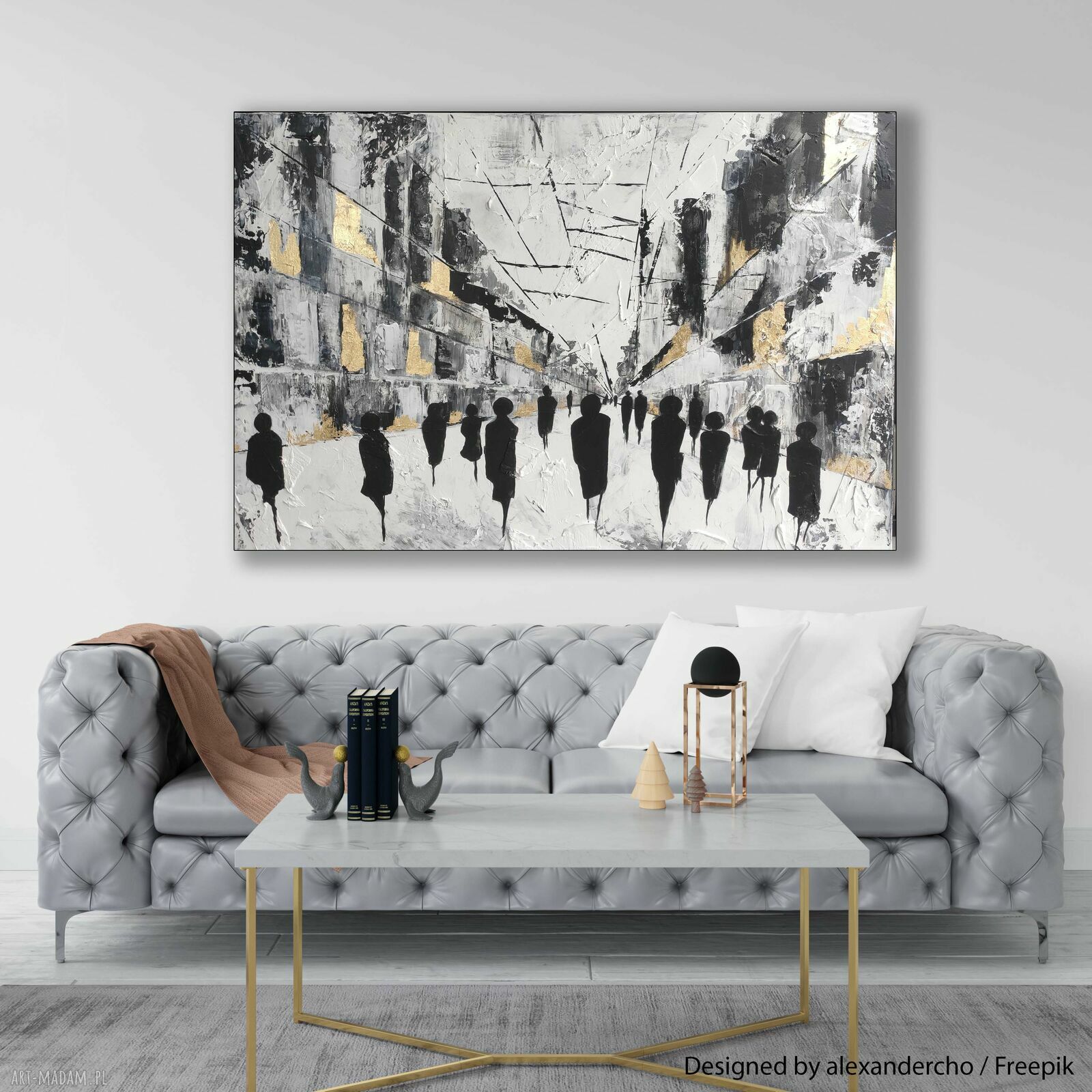 ABSTRAKCJA People - wielkoformatowy obraz na płótnie 70x100 cm, ręcznie malowany akrylami i szlagmetalem