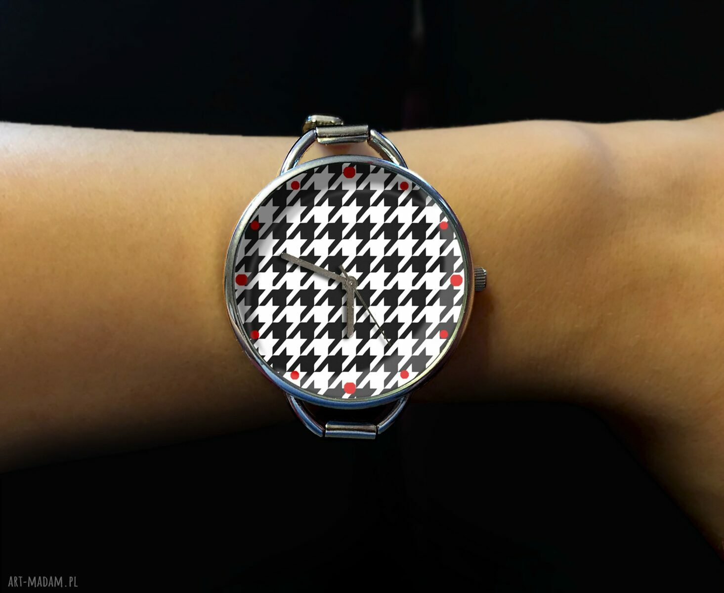 Srebrny zegarek pepitka z dużą tarczą 36 mm - ręczna grafika 0875WS