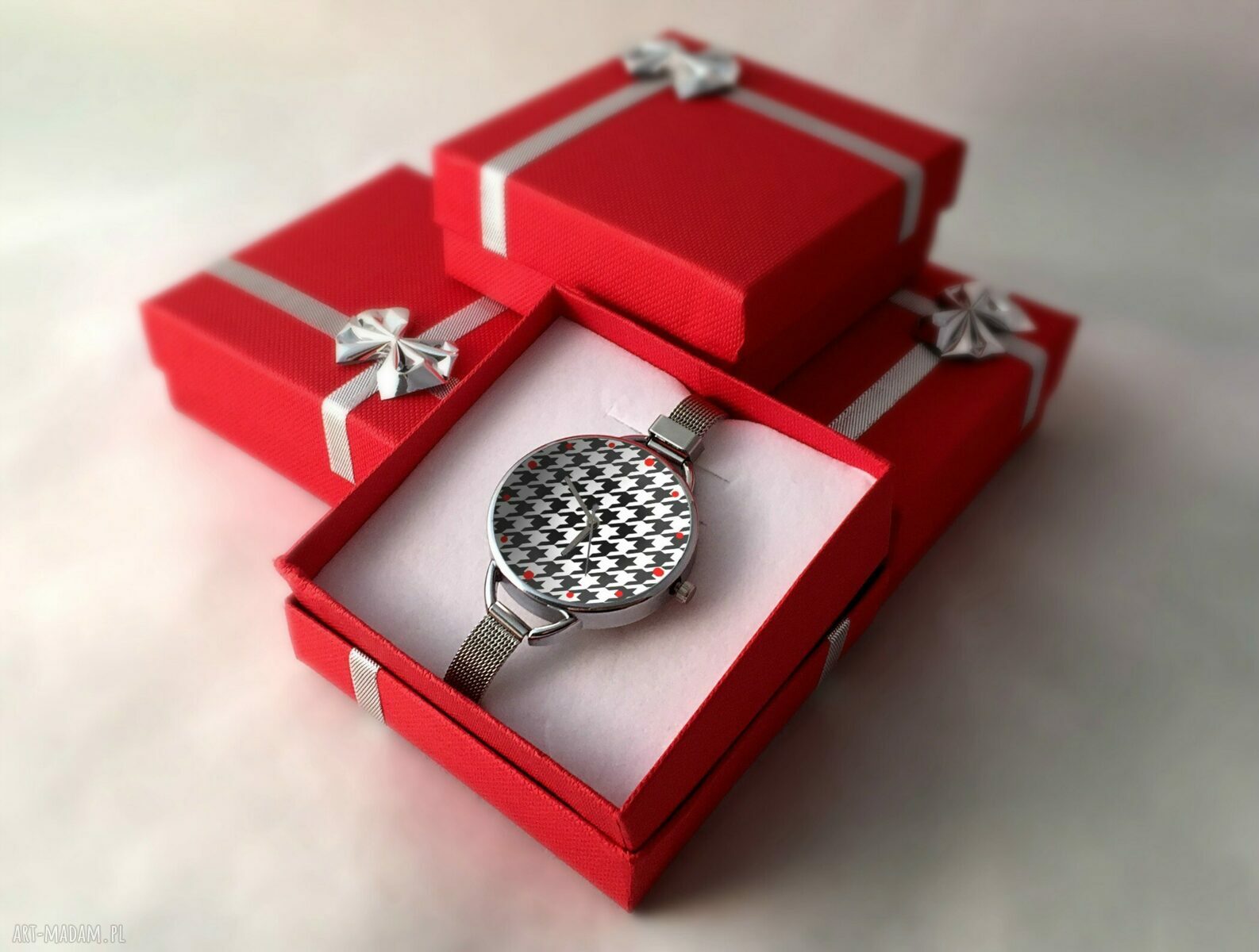 Srebrny zegarek pepitka z dużą tarczą 36 mm - ręczna grafika 0875WS