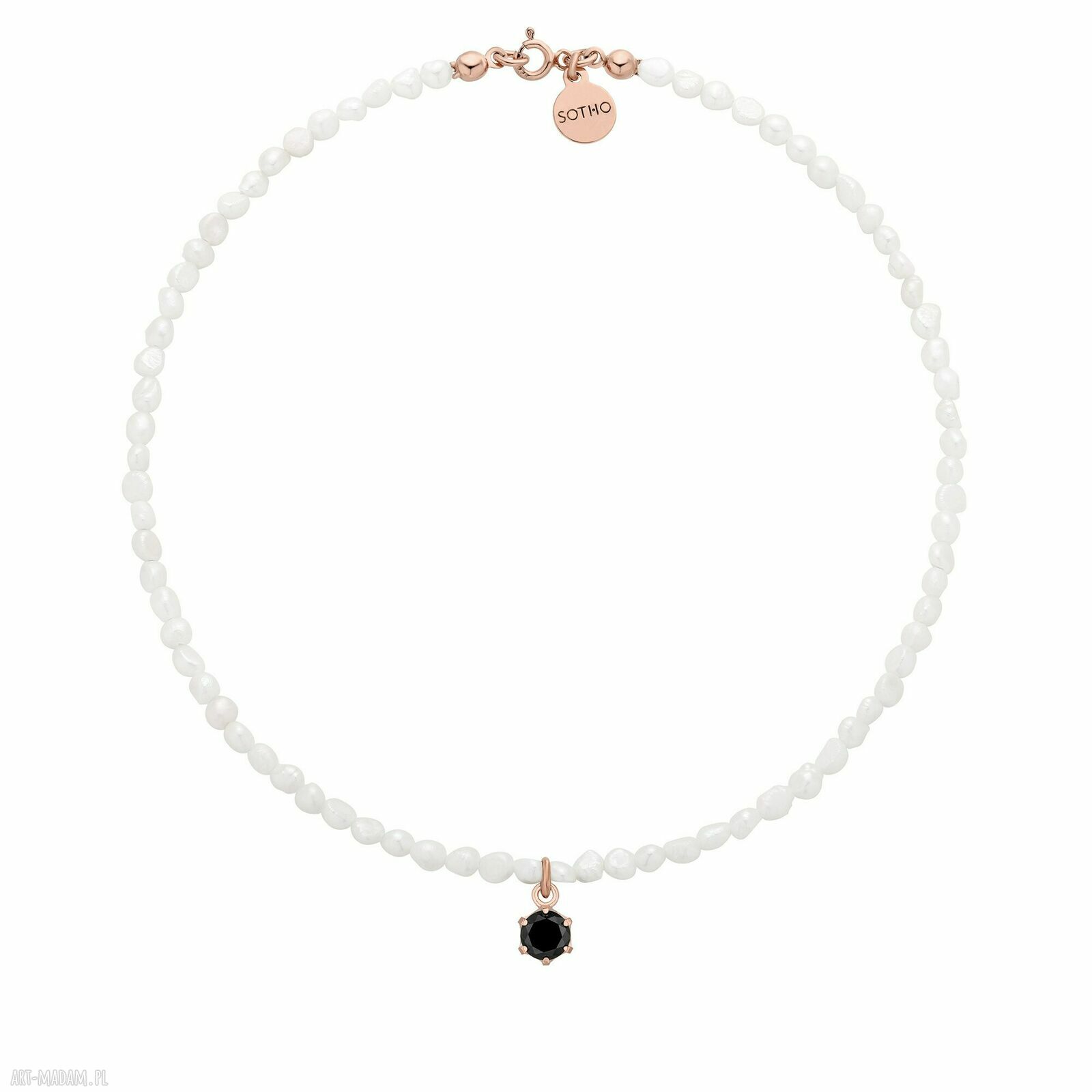 Naszyjnik pereł naturalnych czarną cyrkonią różowego złota perły