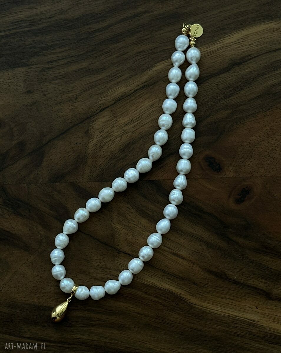 naszyjniki: Złoty naszyjnik z pereł naturalnych z kroplą autorskie