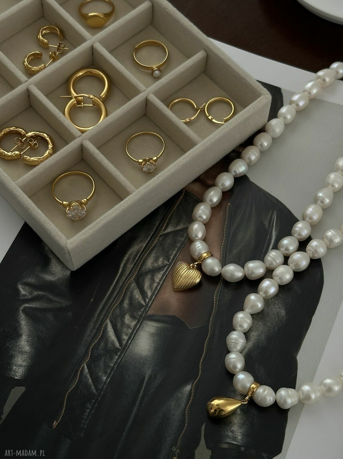 naszyjniki: Złoty naszyjnik z pereł naturalnych z kroplą autorskie