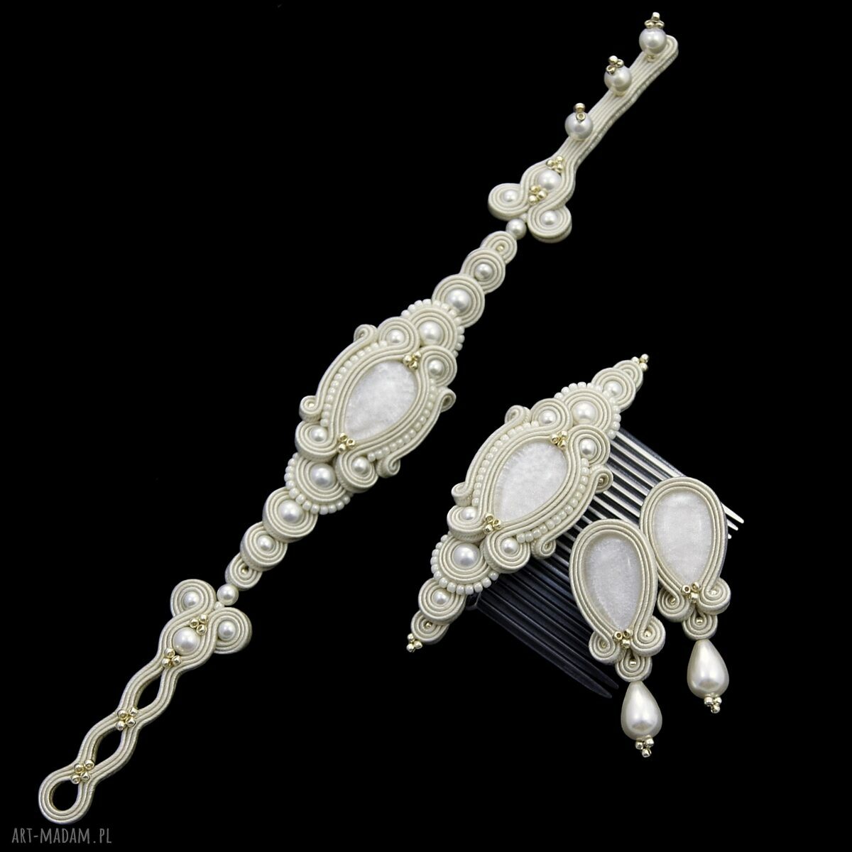 Komplet ślubny candy light gold soutache perły sutasz