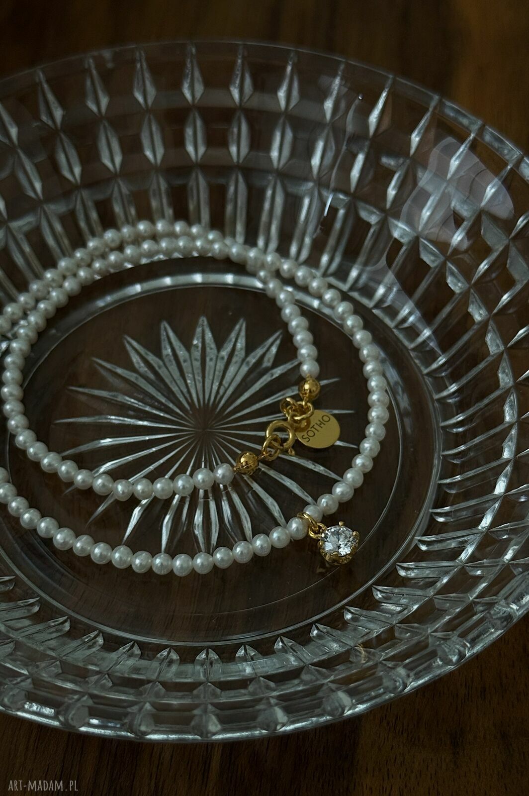 naszyjniki: Złoty naszyjnik z pereł naturalnych z bezbarwną cyrkonią Handmade