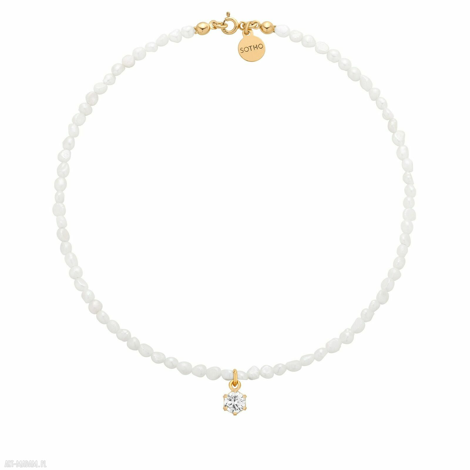 Złoty naszyjnik pereł naturalnych bezbarwną cyrkonią pozłacany