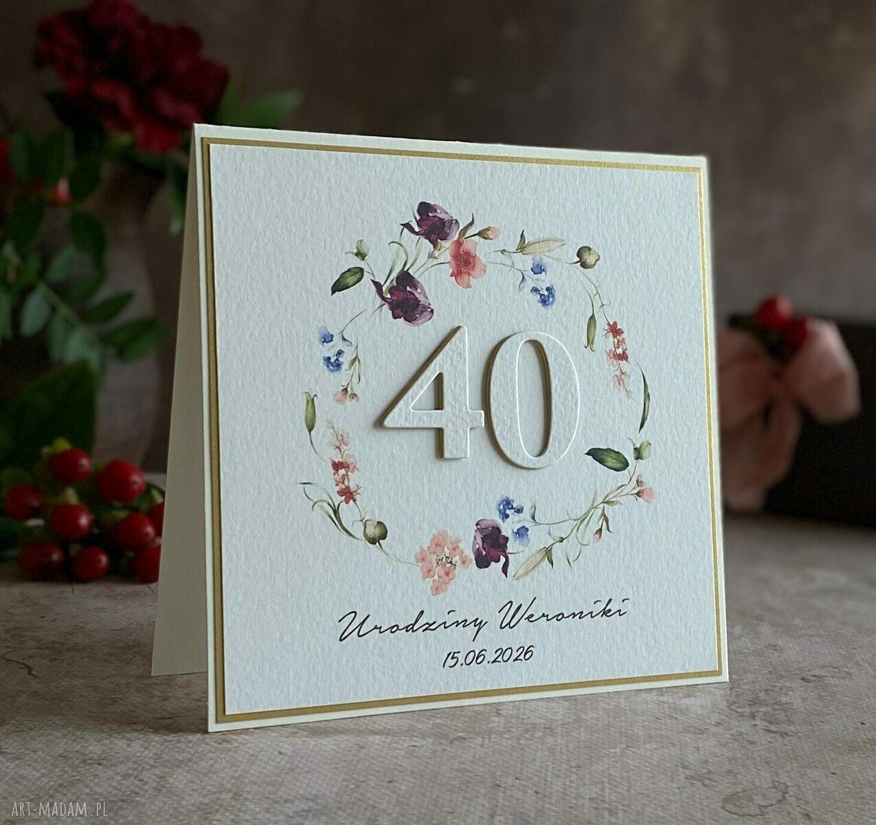 Personalizowana kartka na 40. urodziny w bieli i złocie - BH 70a