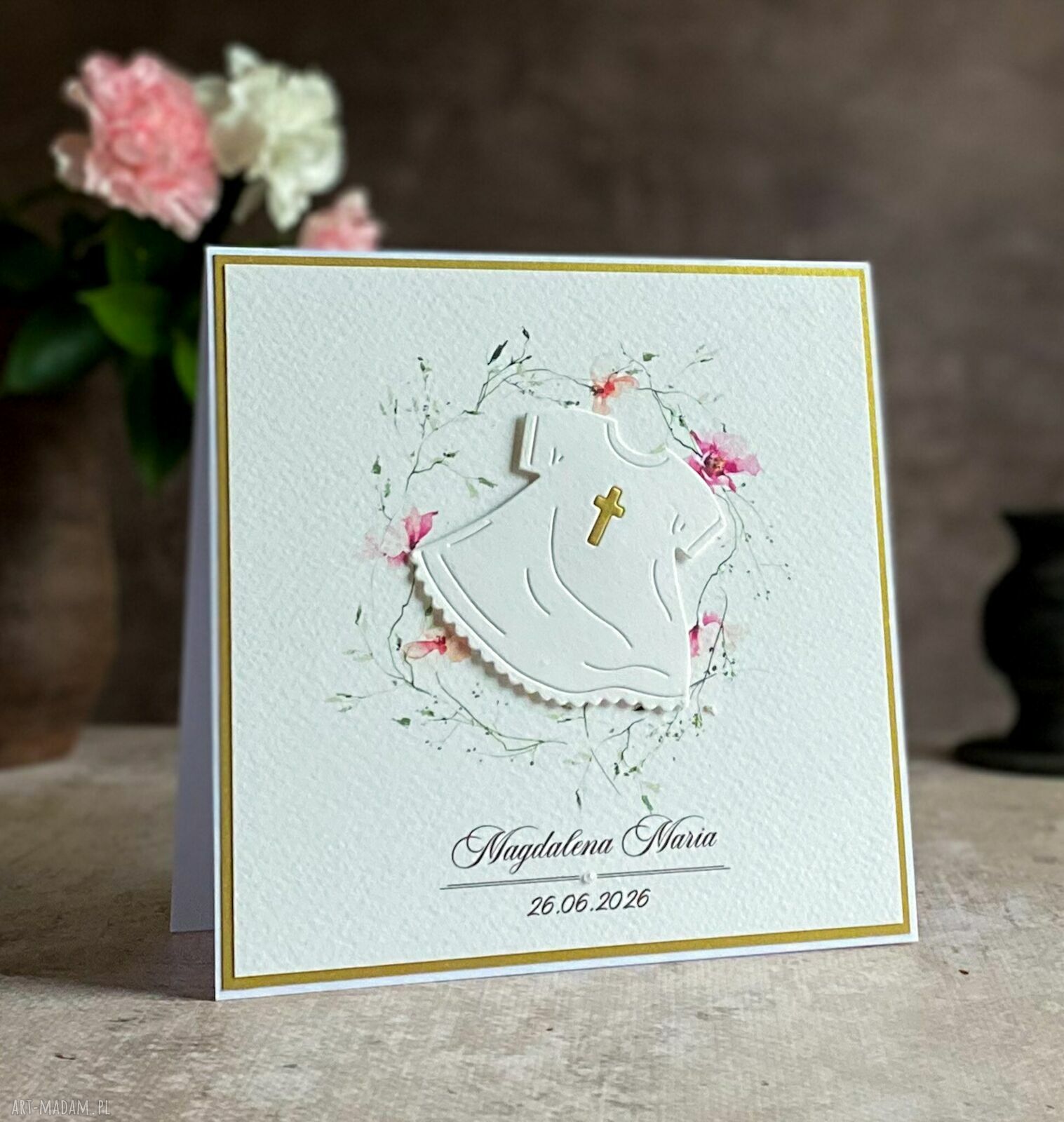Personalizowana kartka na chrzest w ozdobnej kopercie 14x14 cm 73b