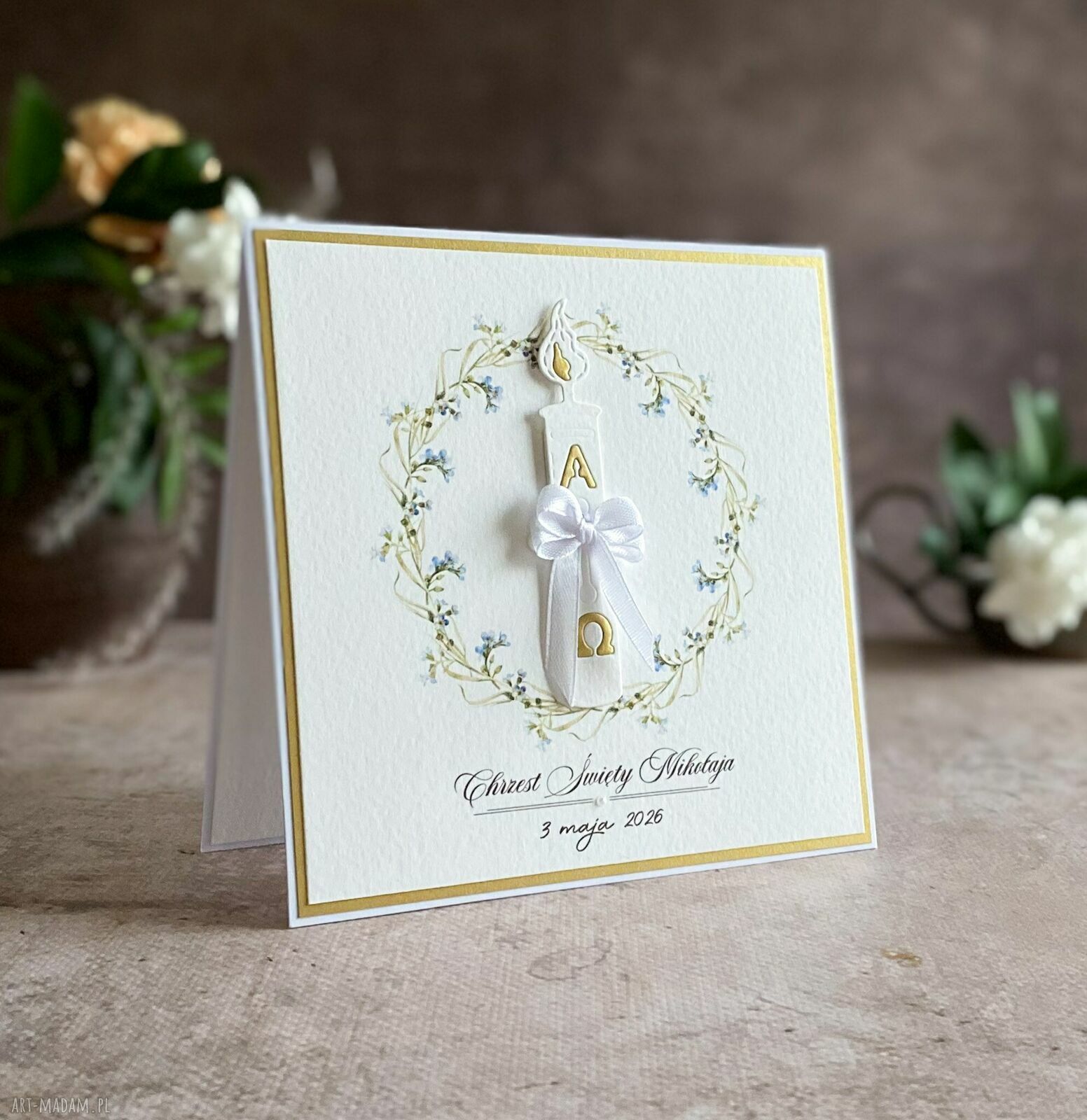 Personalizowana kartka na chrzest w ozdobnej kopercie 14x14 cm