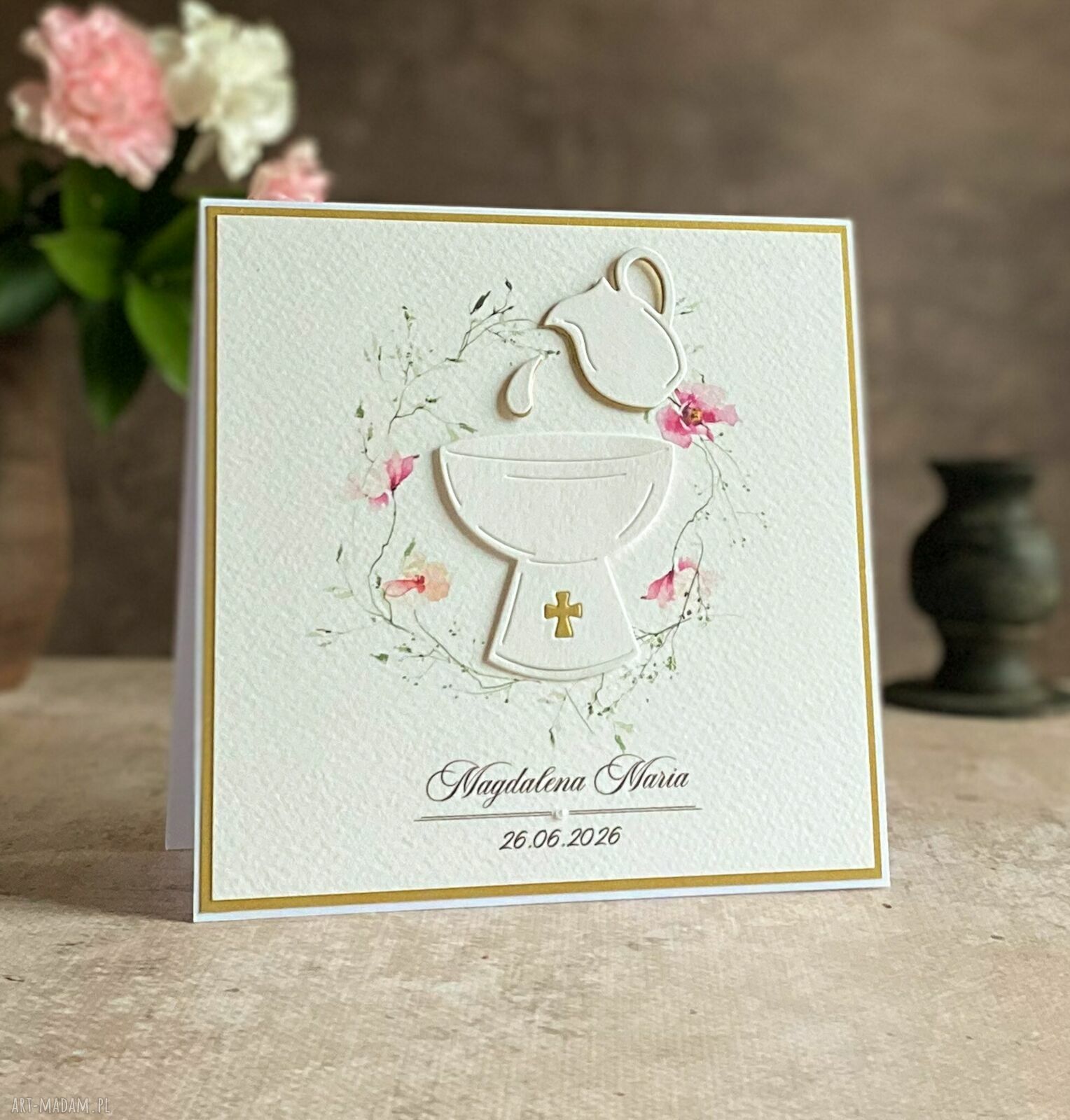 Personalizowana kartka na chrzest w ozdobnej kopercie 14x14 cm biel i perłowe złoto