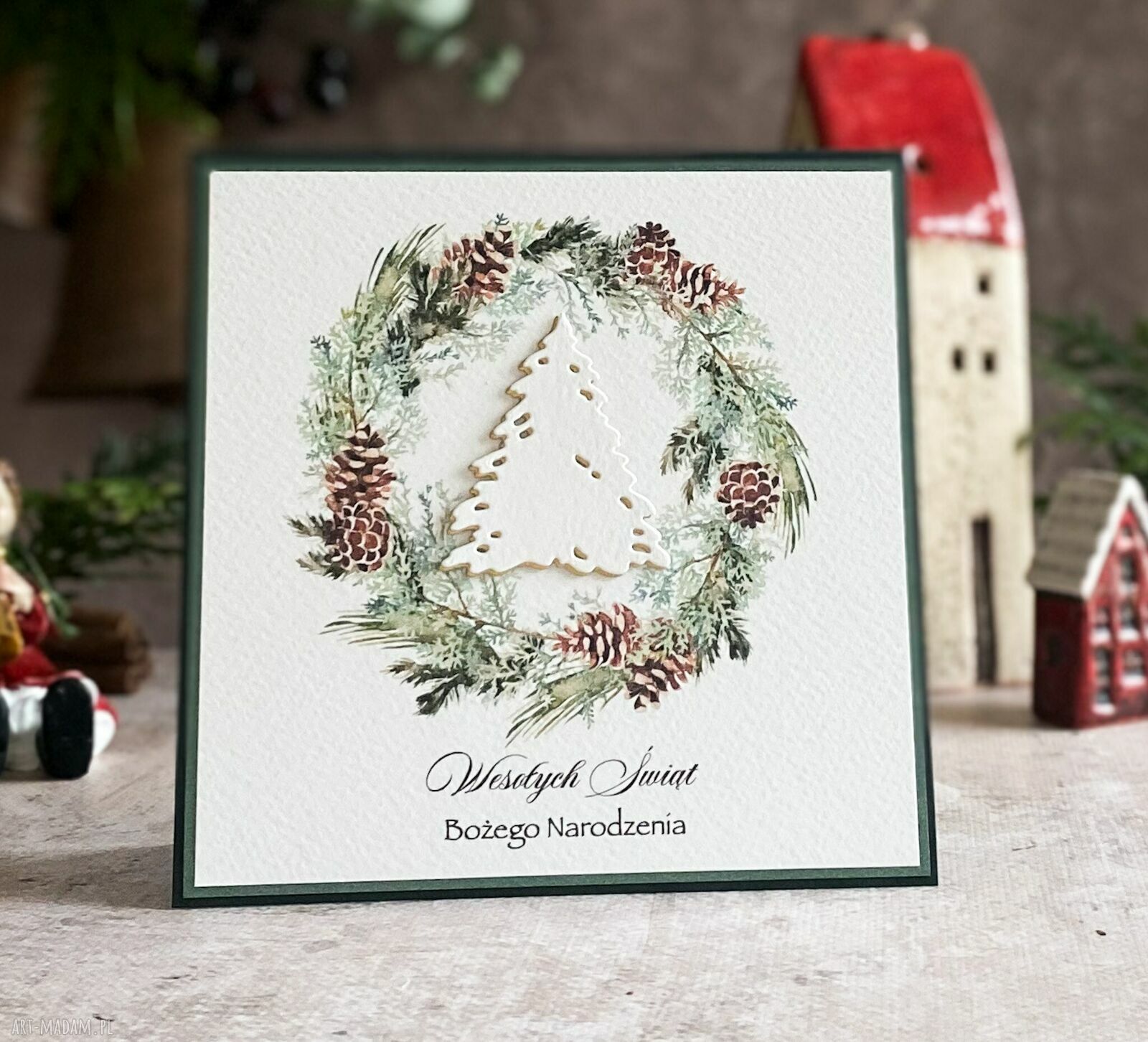 Personalizowana kartka na Boże Narodzenie BN 10A 14x14 cm - wiankiem, kopertą i Twoimi życzeniami