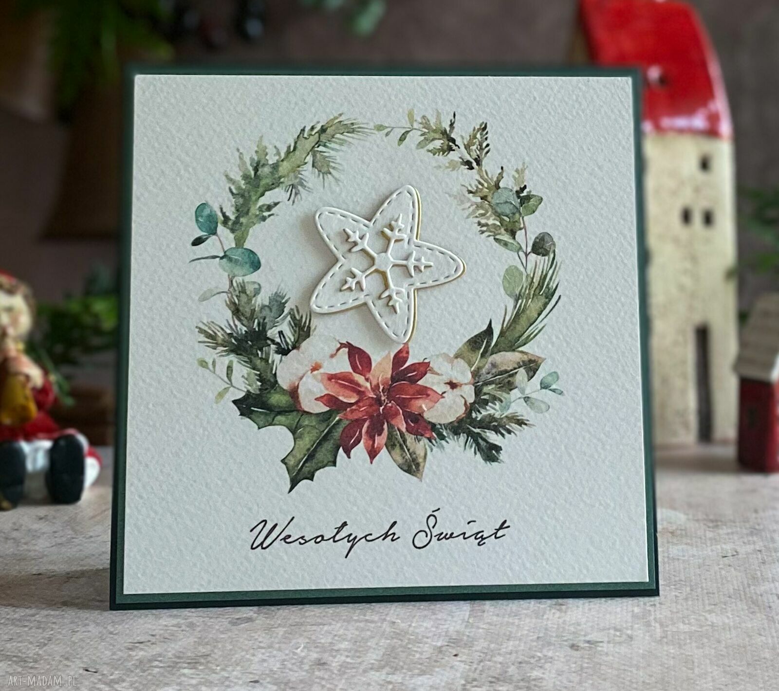 Personalizowana kartka na Boże Narodzenie BN 22C - 14x14 cm z wiankiem i kopertą