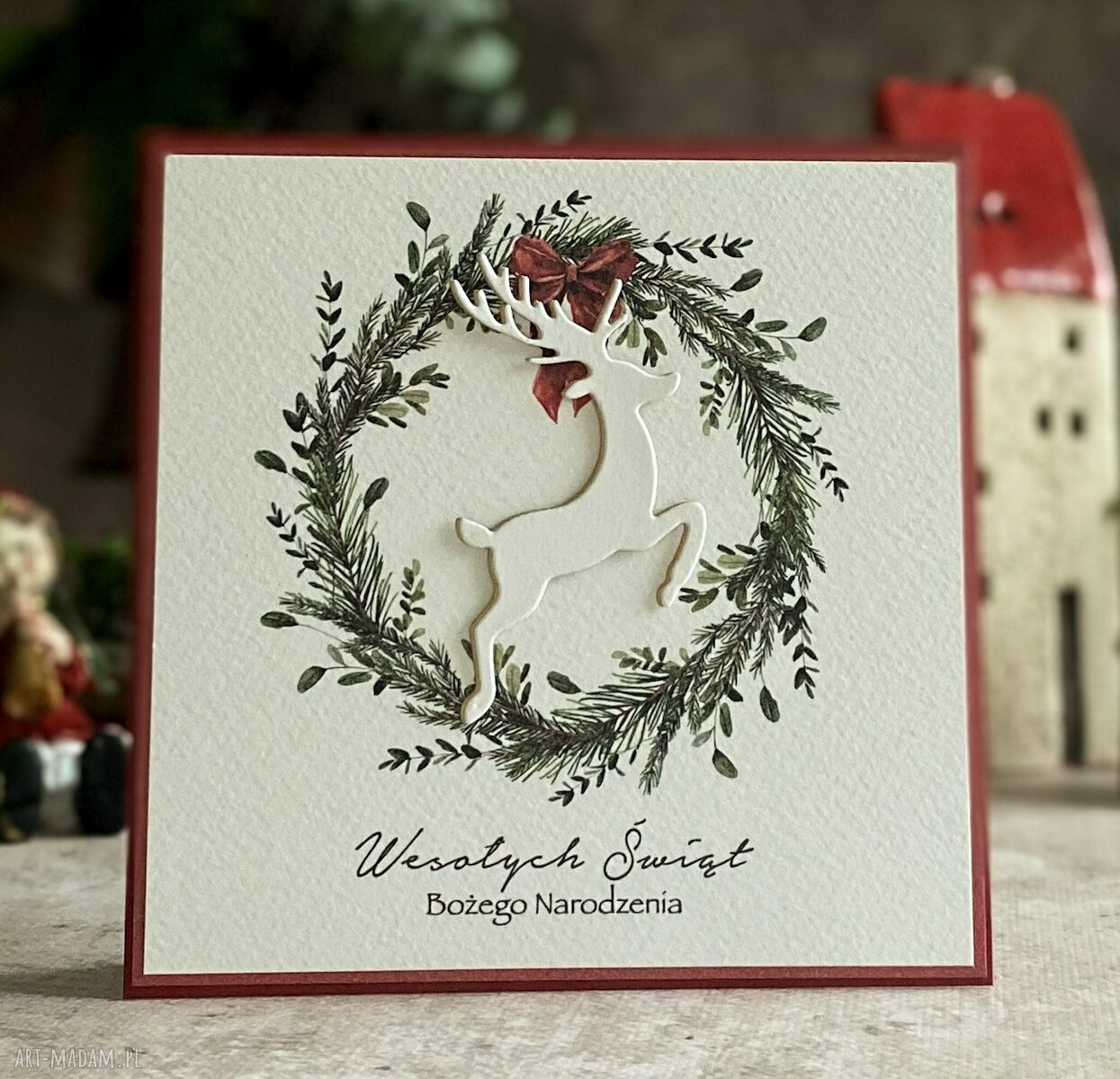 Personalizowana kartka na Boże Narodzenie BN 28B - 14x14 cm z wiankiem i kopertą