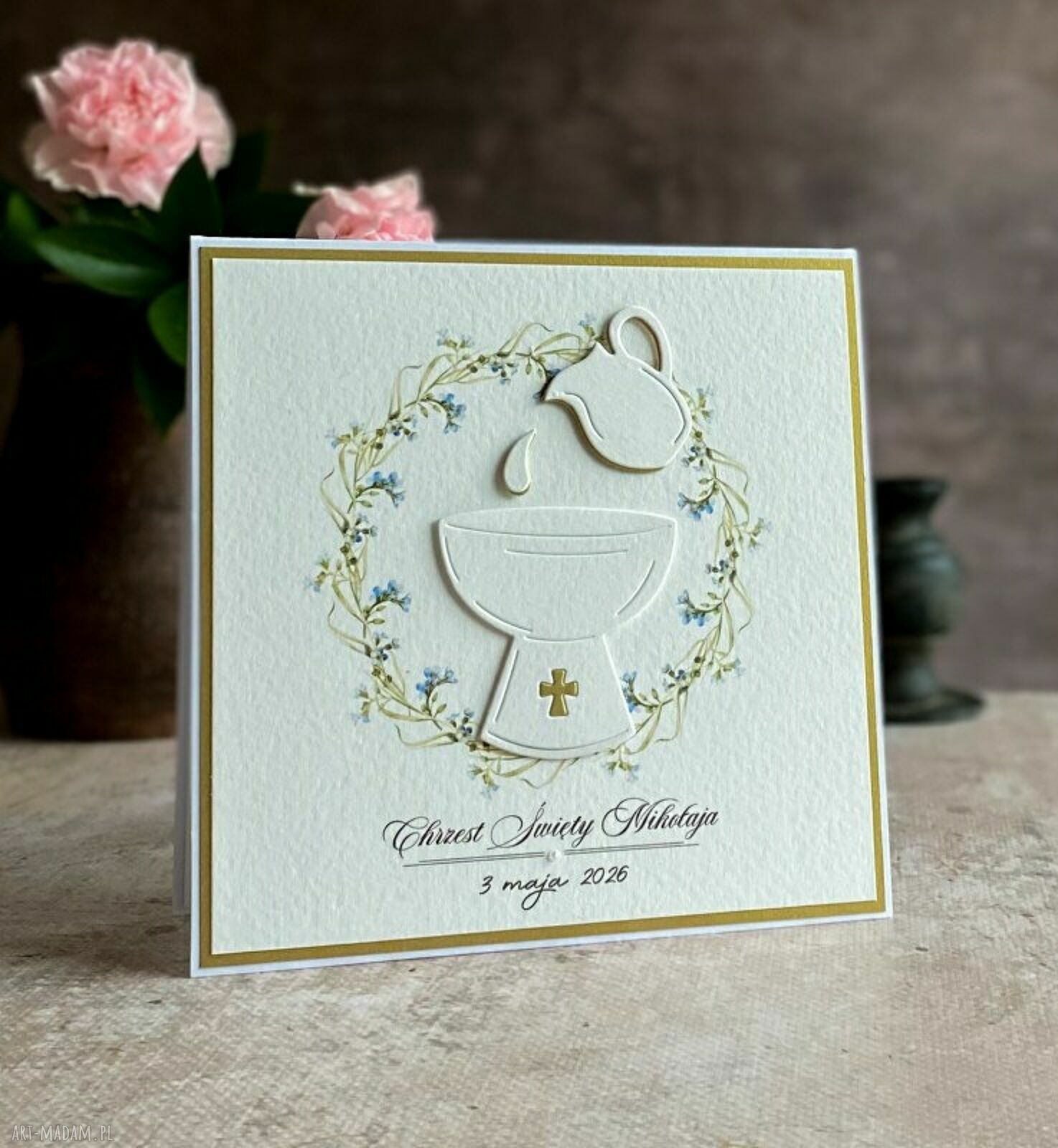 Personalizowana kartka na chrzest w ozdobnej kopercie 14x14 cm (biel i perłowe złoto)