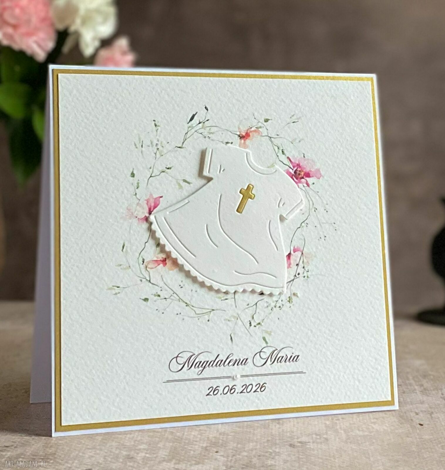 Personalizowana kartka na chrzest w ozdobnej kopercie 14x14 cm 73b