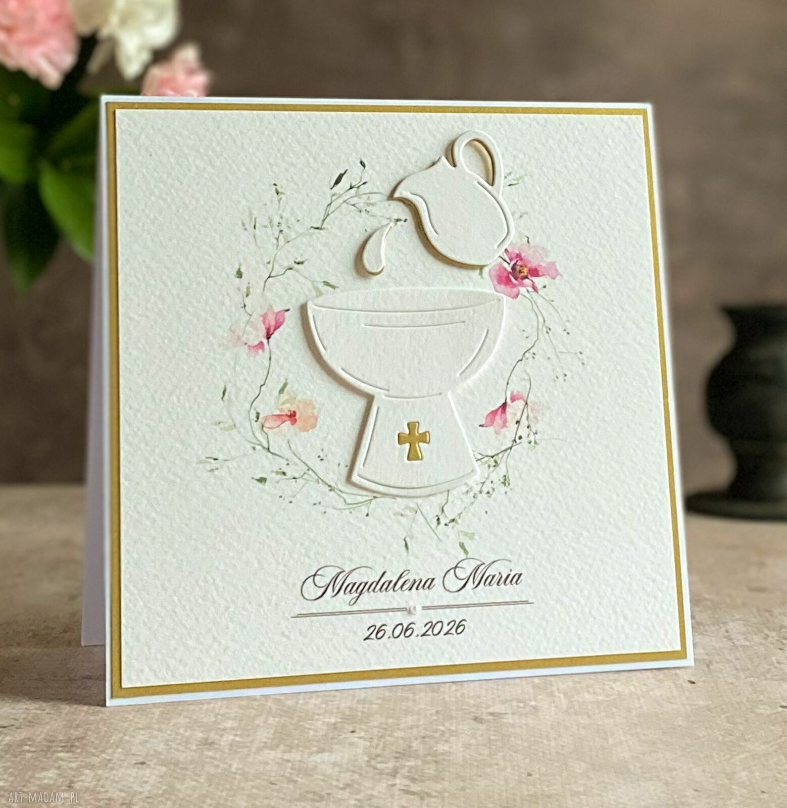 Personalizowana kartka na chrzest w ozdobnej kopercie 14x14 cm biel i perłowe złoto