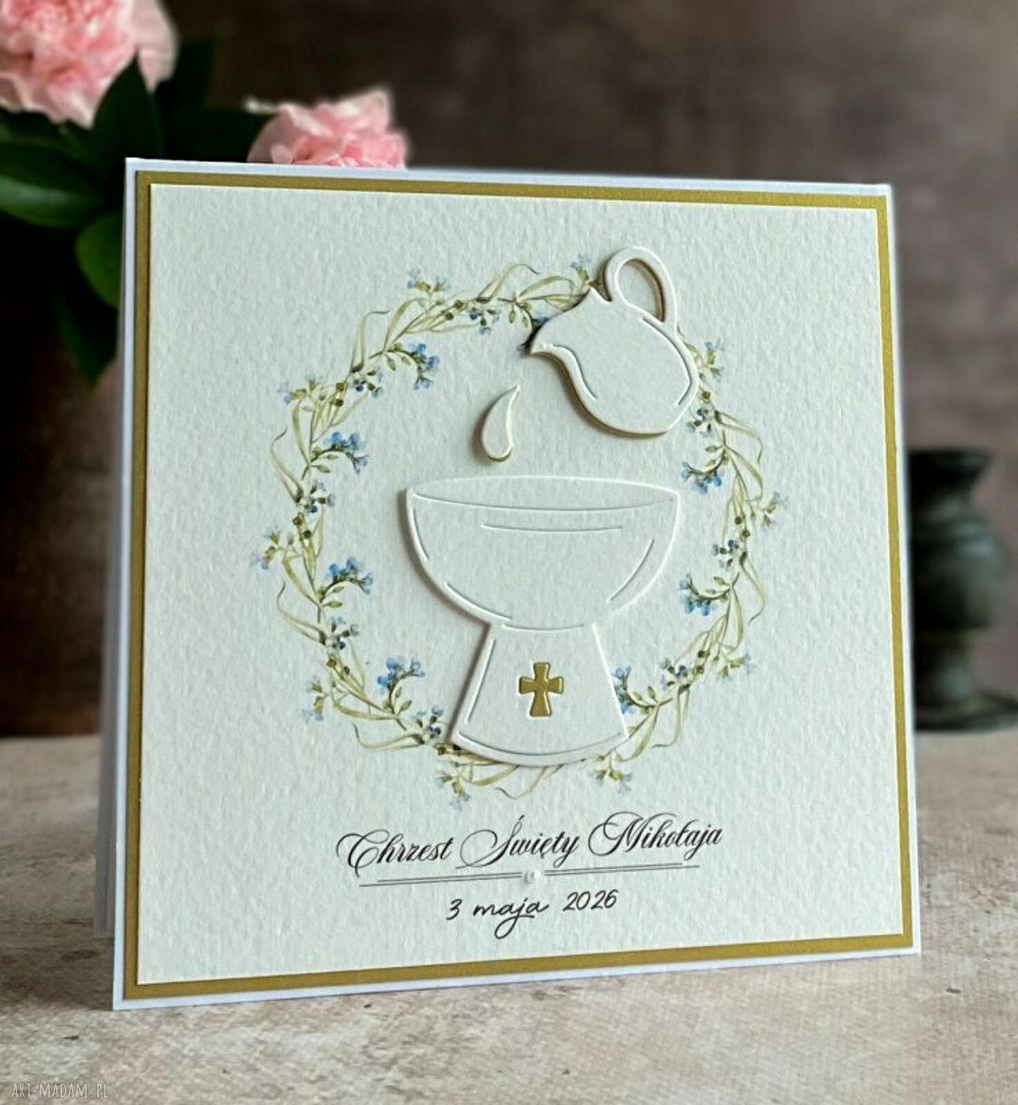 Personalizowana kartka na chrzest w ozdobnej kopercie 14x14 cm biel i perłowe złoto