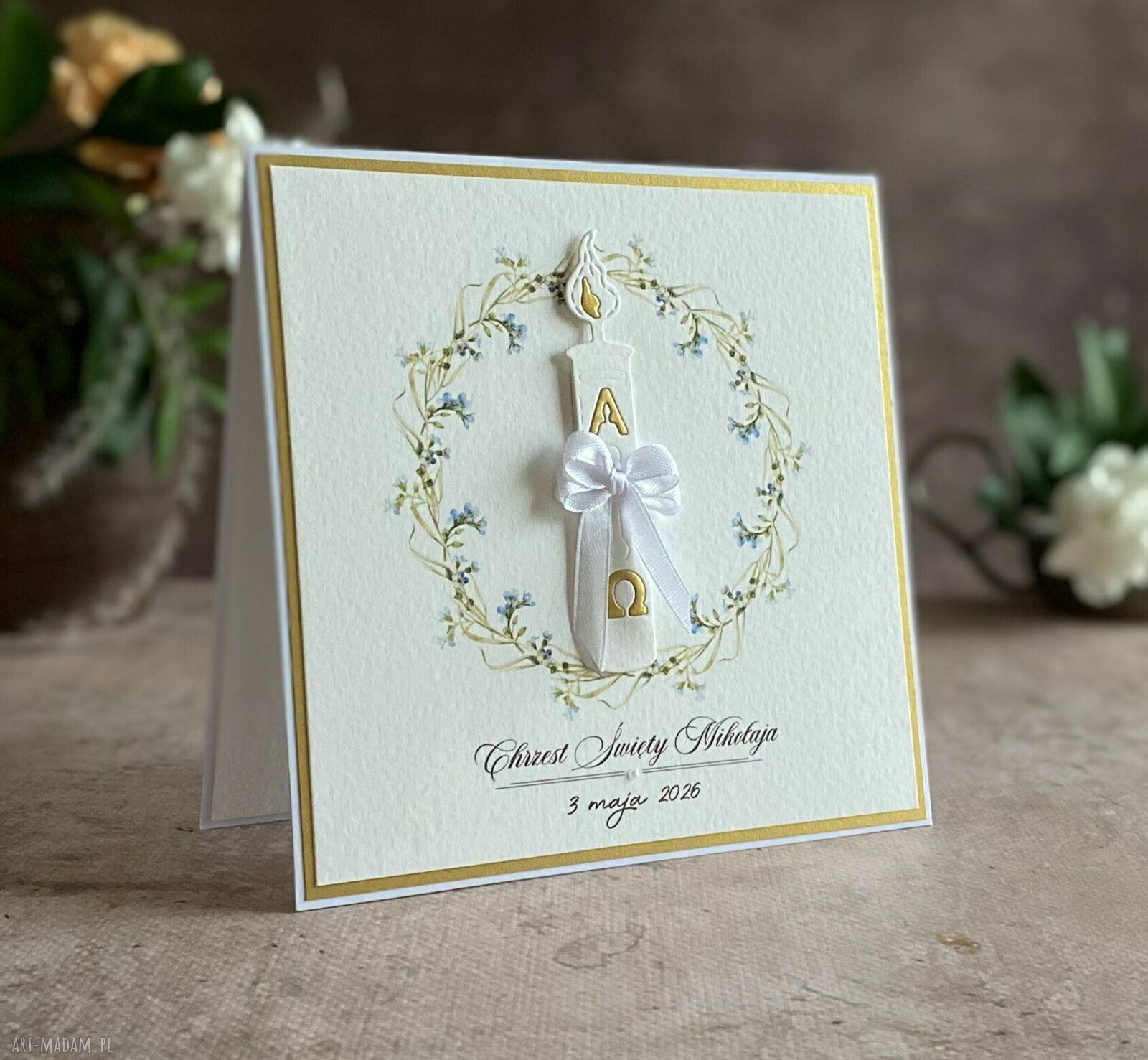 Personalizowana kartka na chrzest w ozdobnej kopercie 14x14 cm