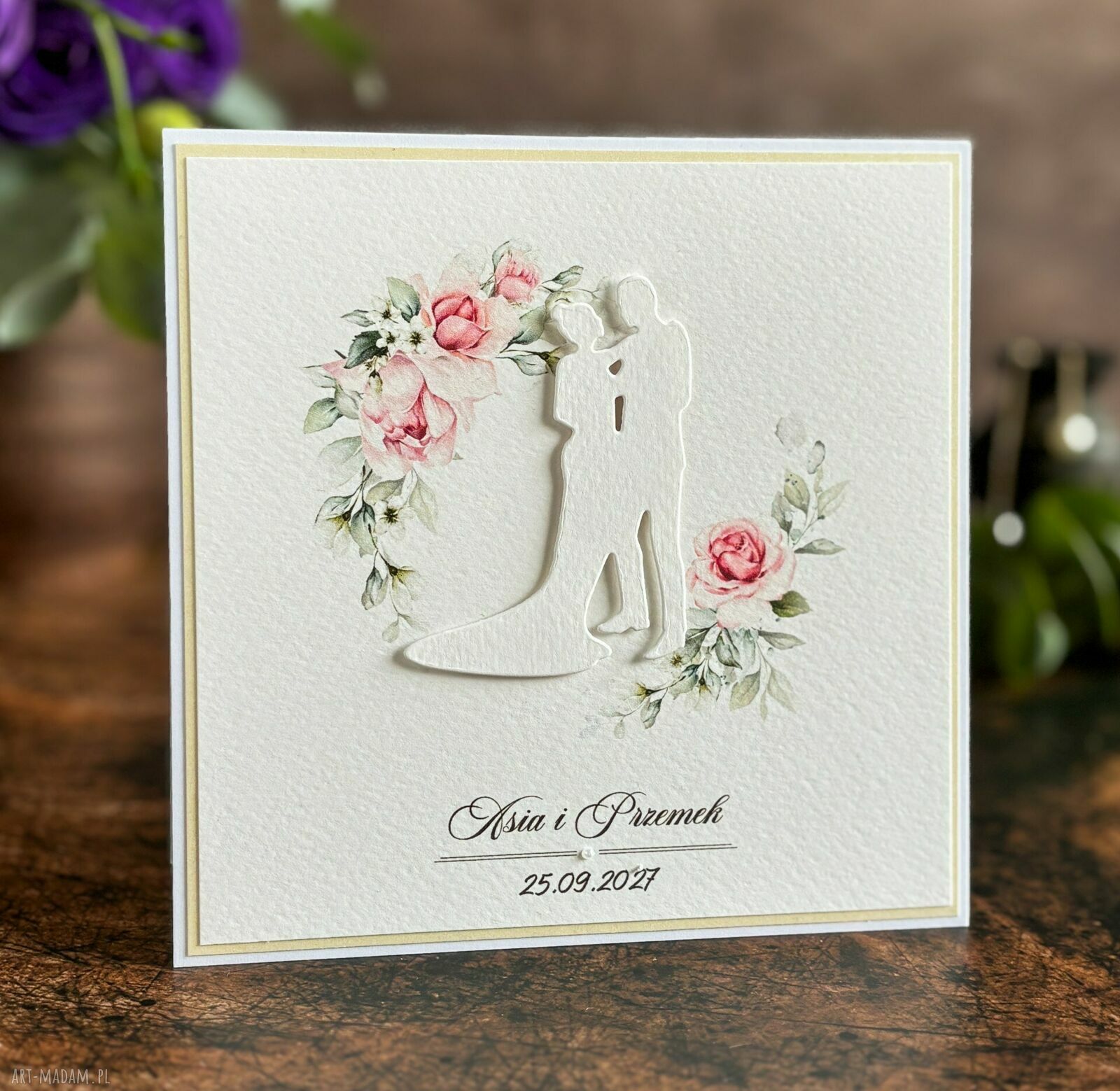 Personalizowana kartka ślubna handmade z ozdobną kopertą