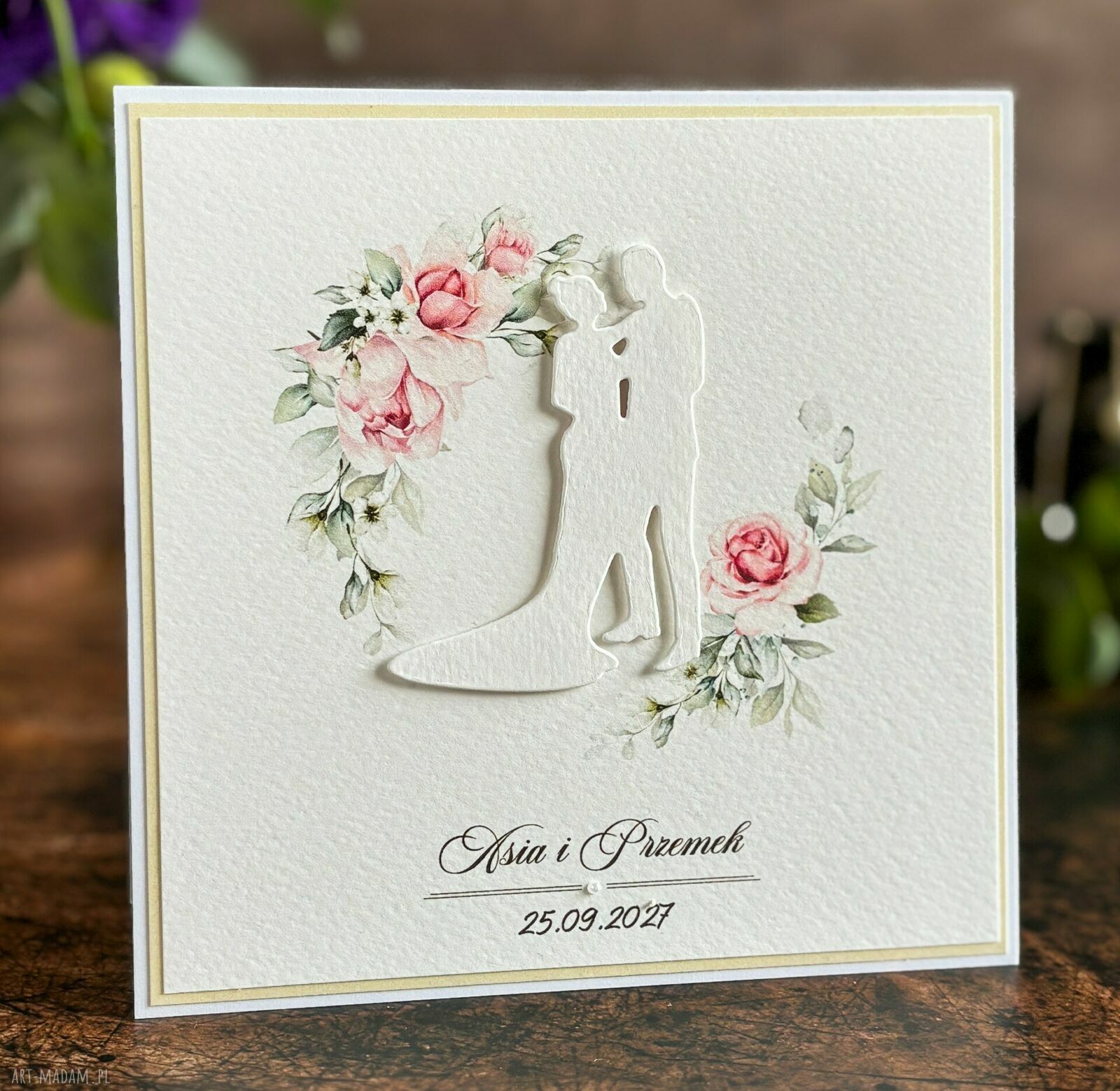 Personalizowana kartka ślubna handmade z ozdobną kopertą