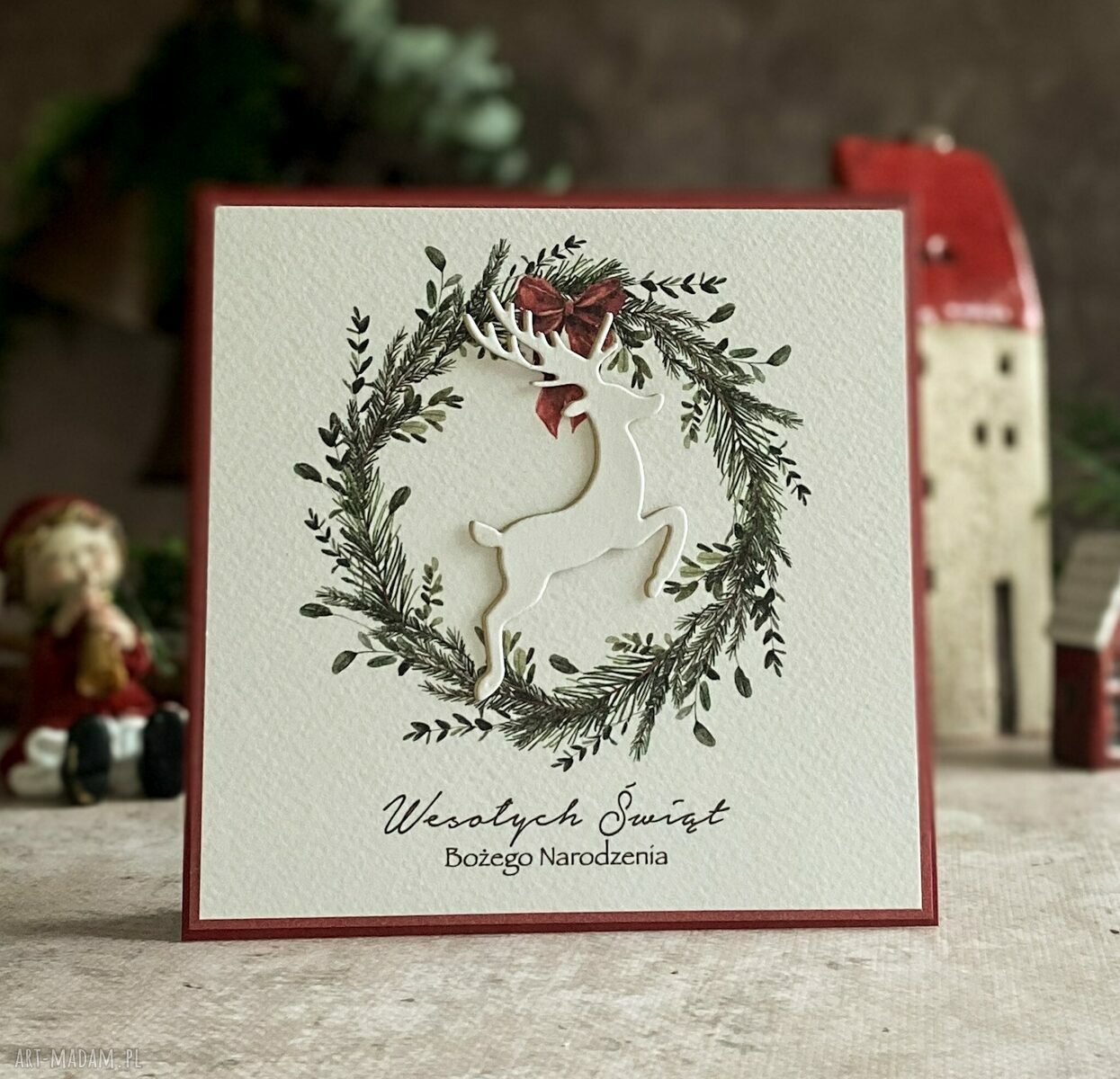 Personalizowana kartka na Boże Narodzenie BN 28B - 14x14 cm z wiankiem i kopertą
