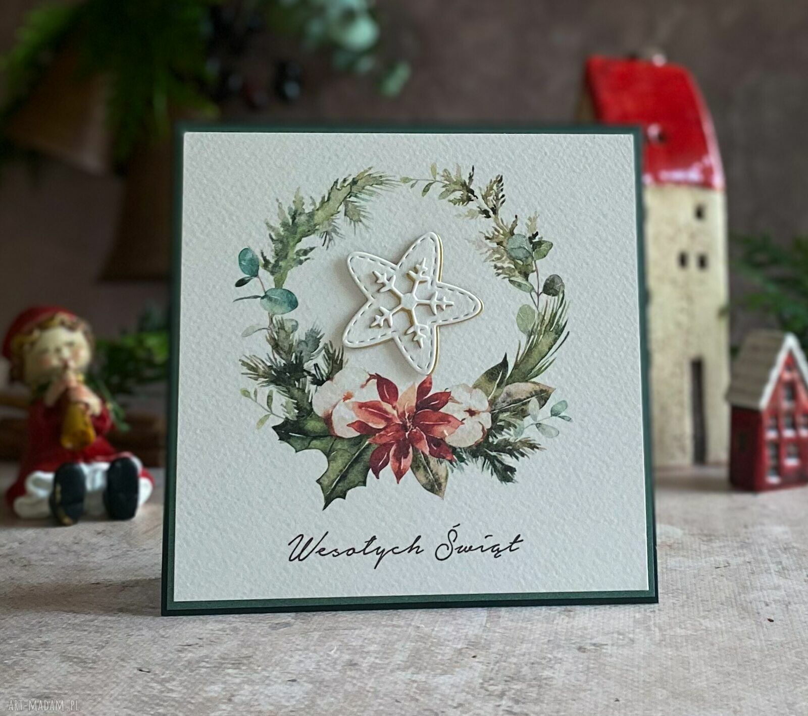 Personalizowana kartka na Boże Narodzenie BN 22C - 14x14 cm z wiankiem i kopertą