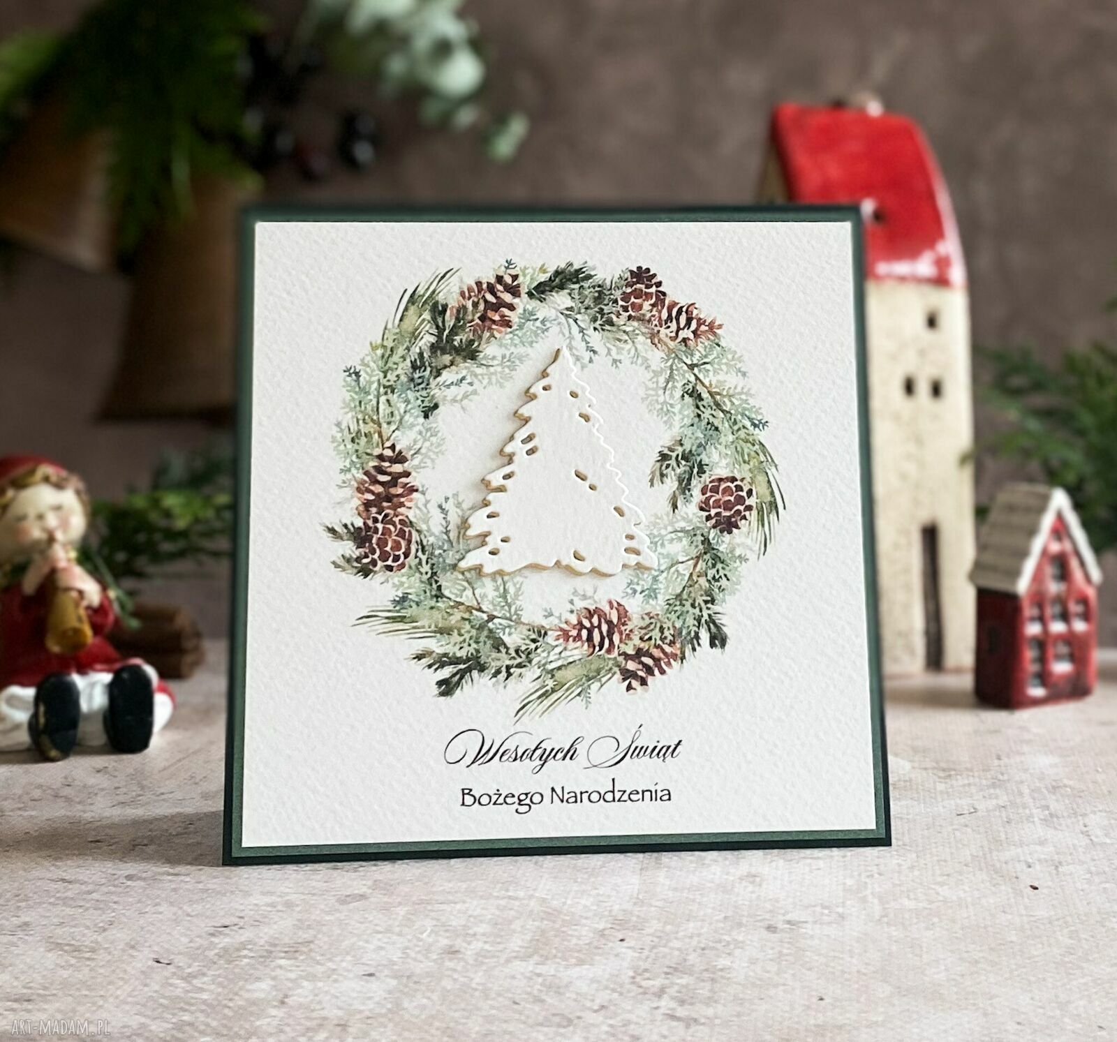 Personalizowana kartka na Boże Narodzenie BN 10A 14x14 cm - wiankiem, kopertą i Twoimi życzeniami