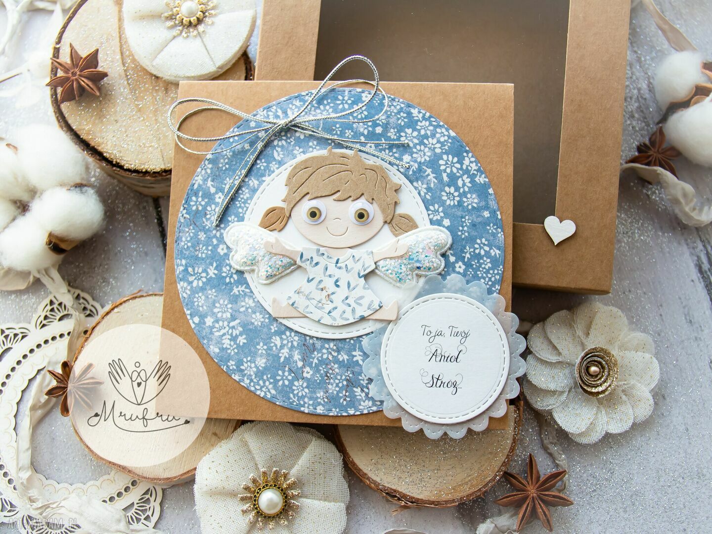 Personalizowana kartka z Aniołkiem Stróżem w pudełeczku. Narodziny. Chrzest. Roczek. Urodziny. handmade