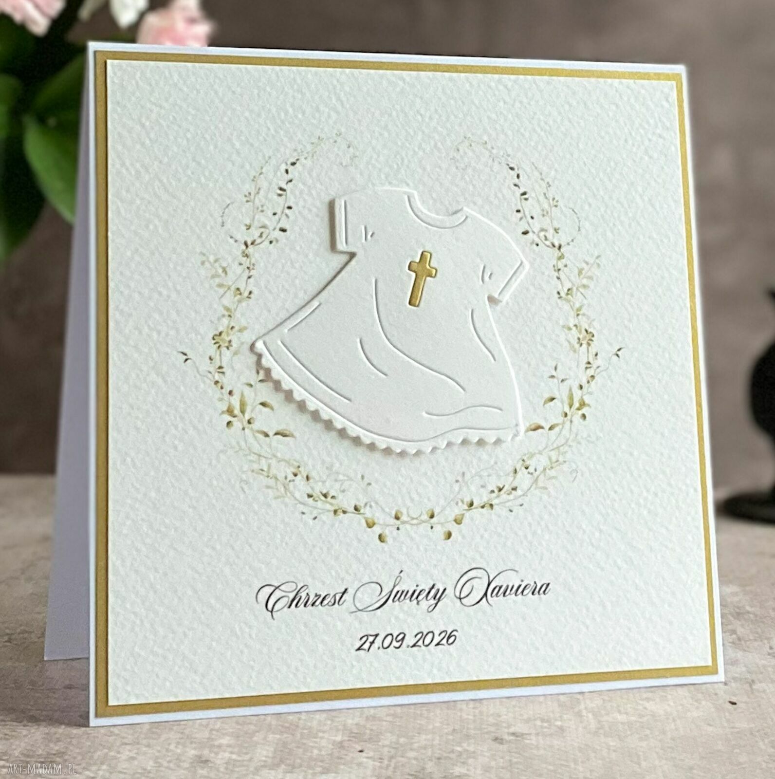 Personalizowana pamiątka chrztu - elegancka kartka w pudełku z kopertą