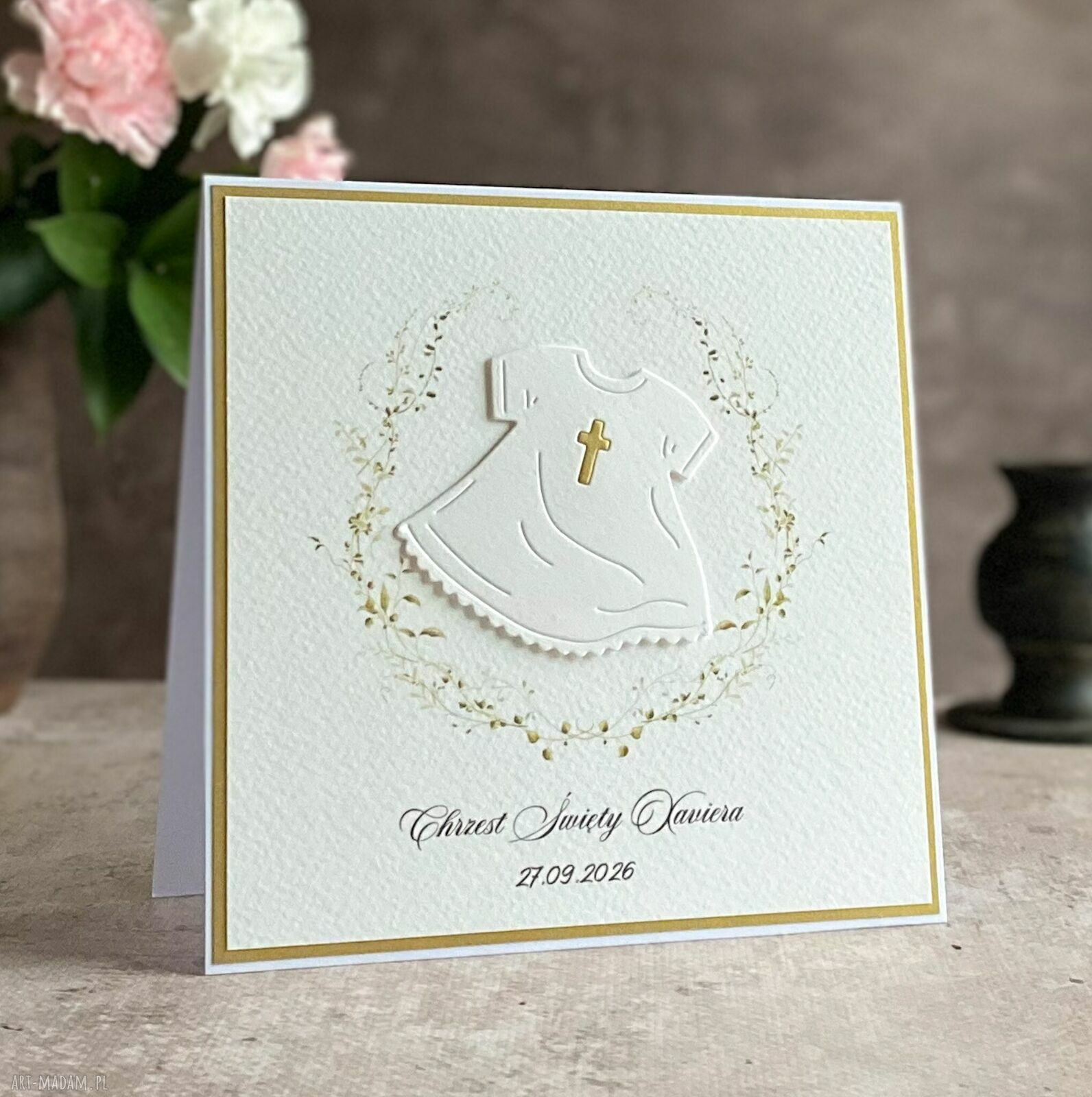 Personalizowana pamiątka chrztu - elegancka kartka w pudełku z kopertą