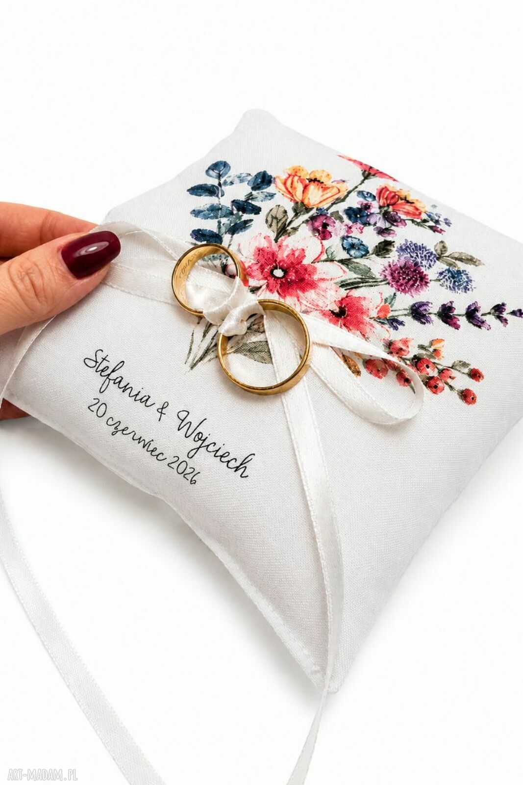 Personalizowana poduszka na obrączki z motywem kwiatowym - 14x14 cm