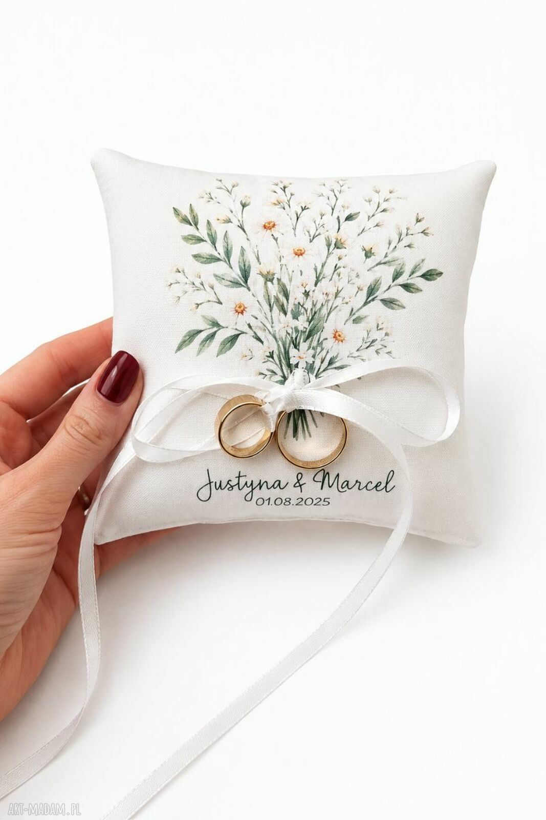 Personalizowana poduszka na obrączki z polnymi kwiatami 14x14 cm