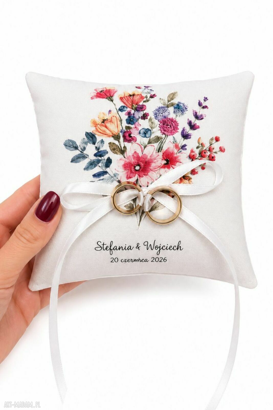 Personalizowana poduszka na obrączki z motywem kwiatowym - 14x14 cm