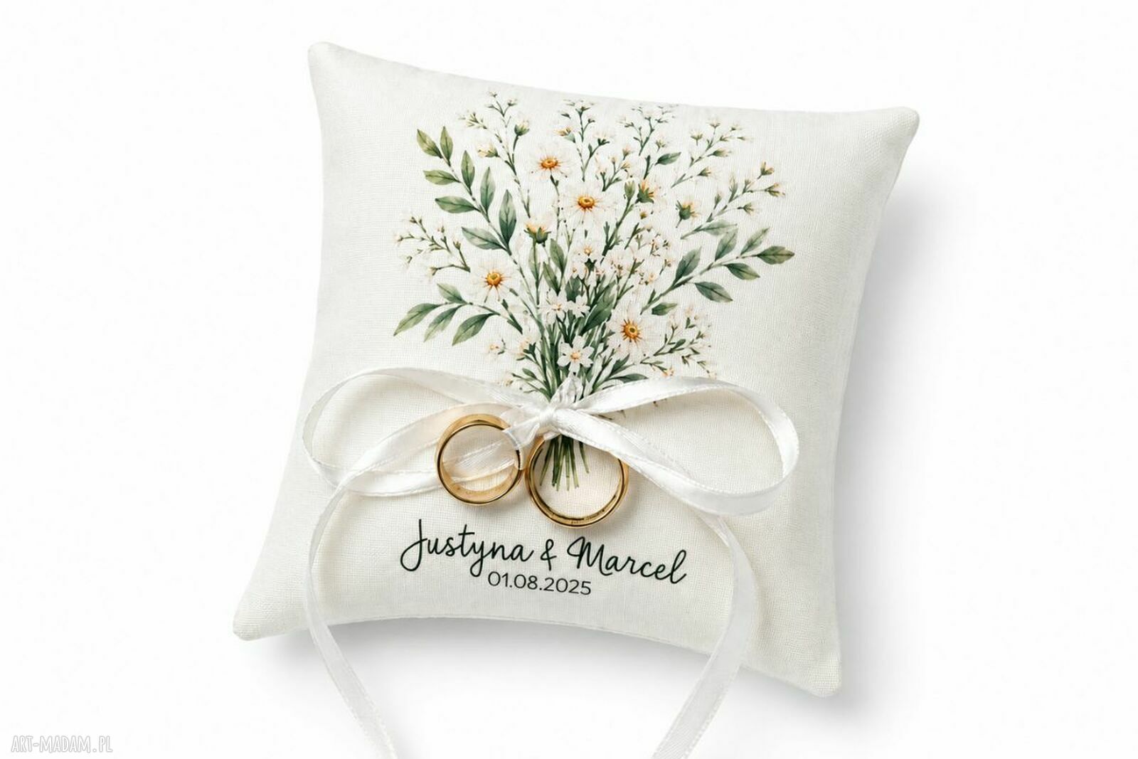 Personalizowana poduszka na obrączki z polnymi kwiatami 14x14 cm
