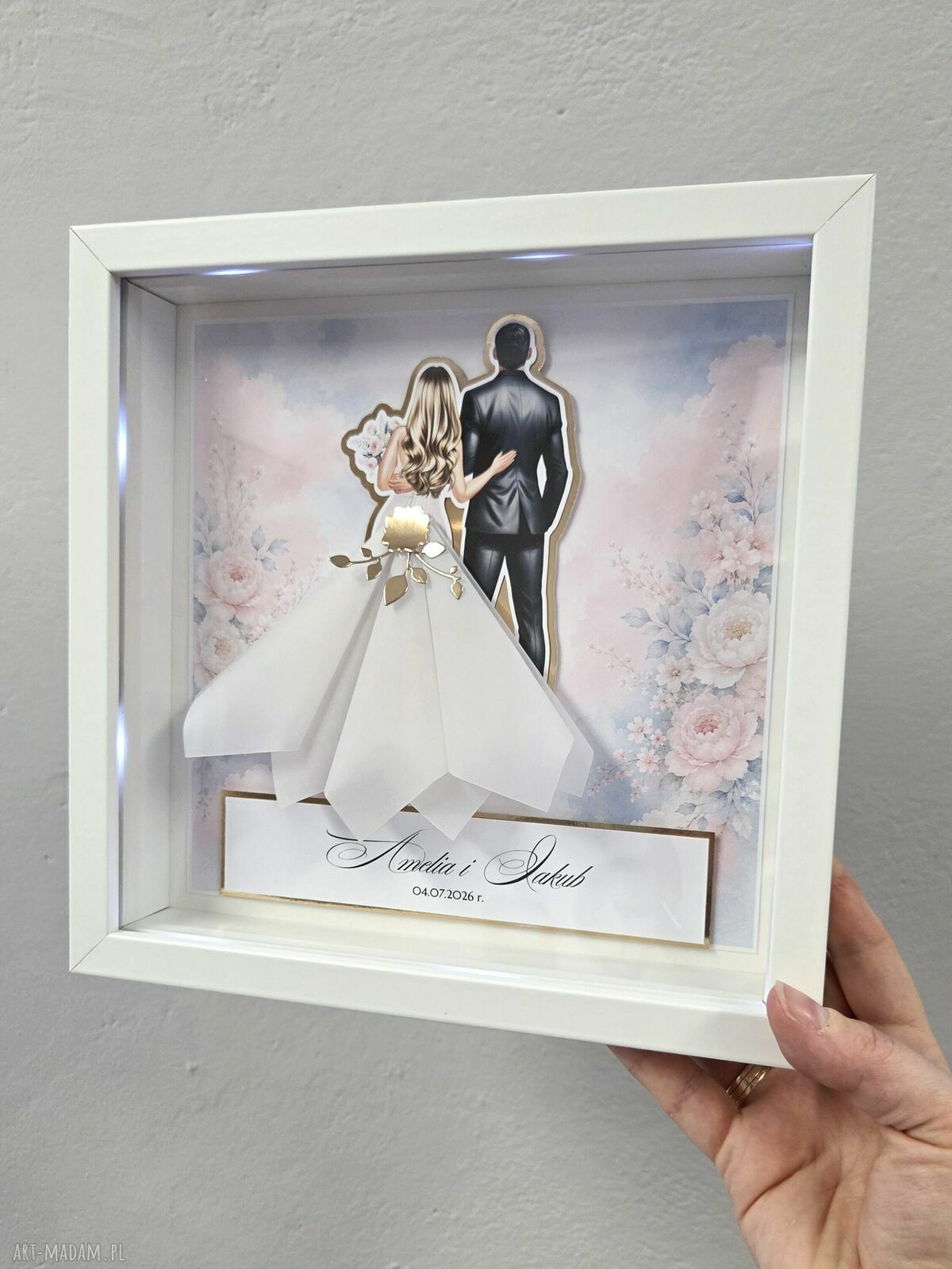 Personalizowana ramka ślubna 3D z miejscem na gotówkę
